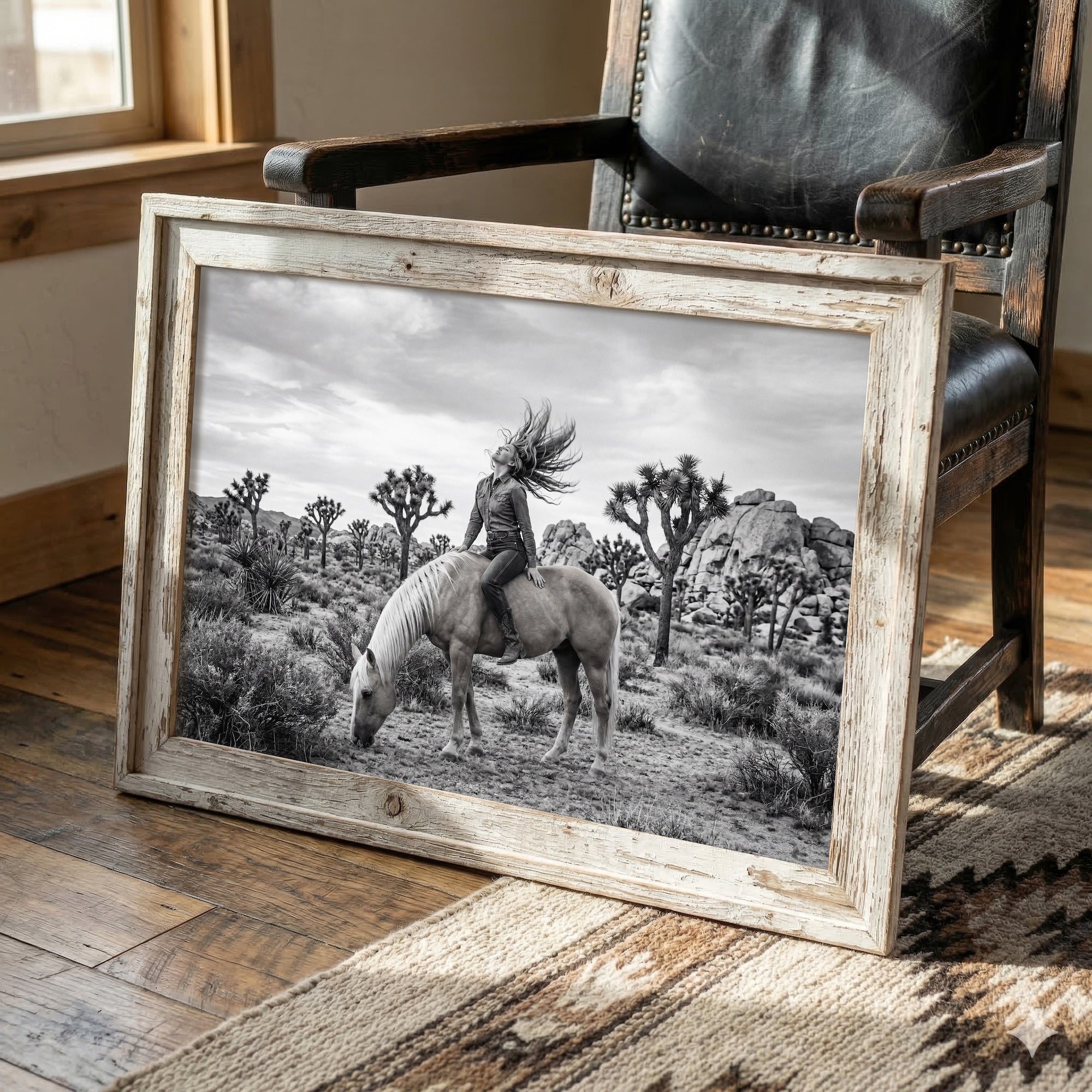 Wild & Free Cowgirl in Joshua Tree: Western Woman on Horseback - Black & White Desert Photo Art Print
