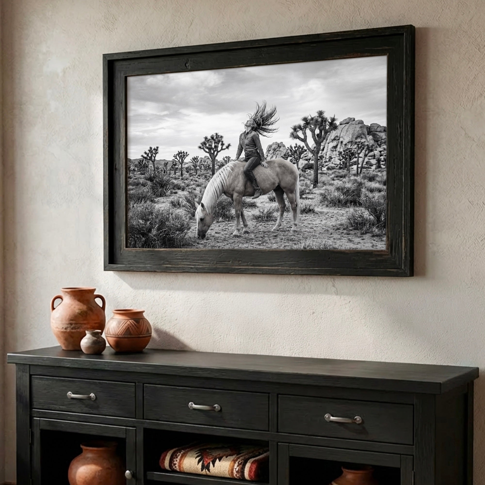 Wild & Free Cowgirl in Joshua Tree: Western Woman on Horseback - Black & White Desert Photo Art Print