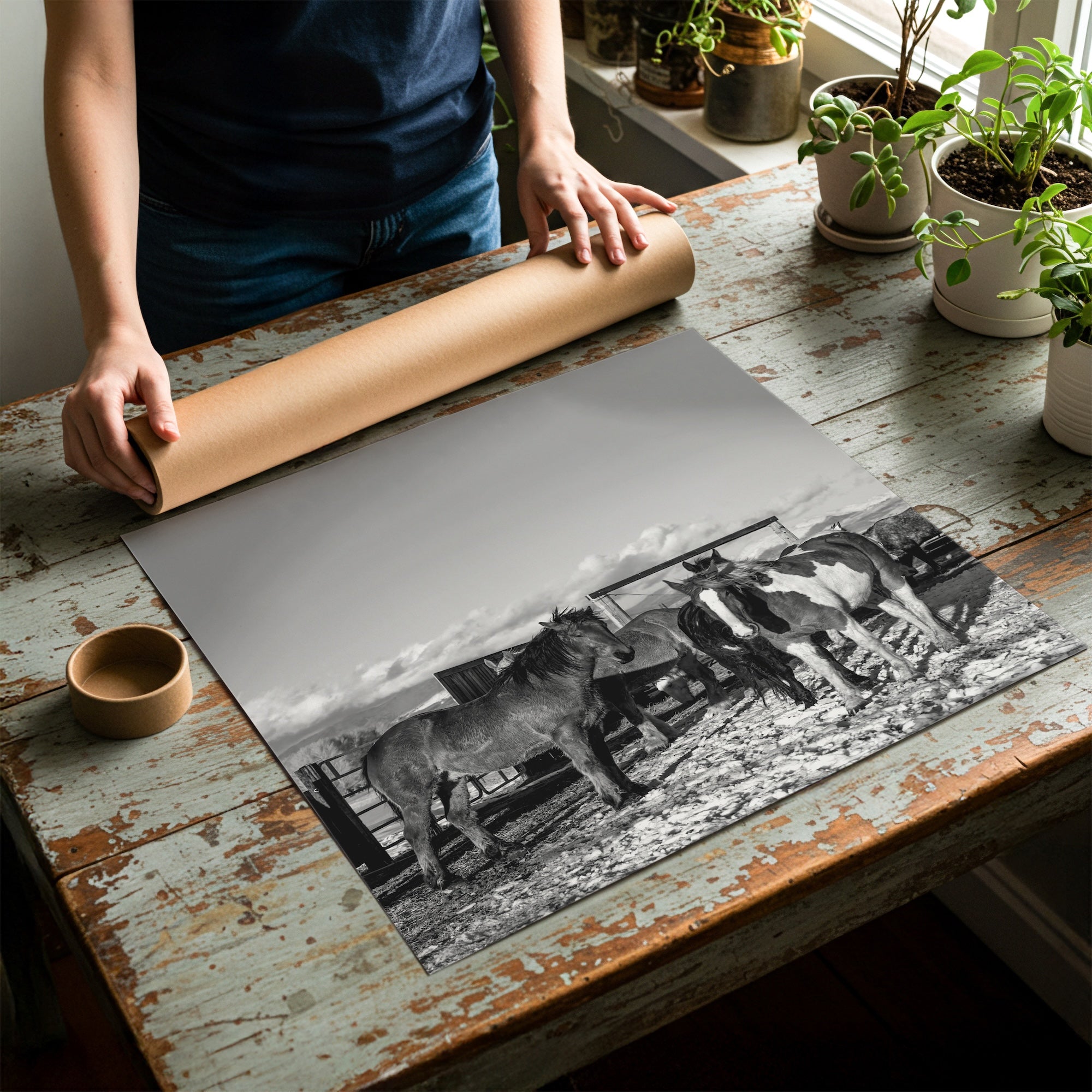 Winter Corral Horses: Western Black & White Photo (Art Print)