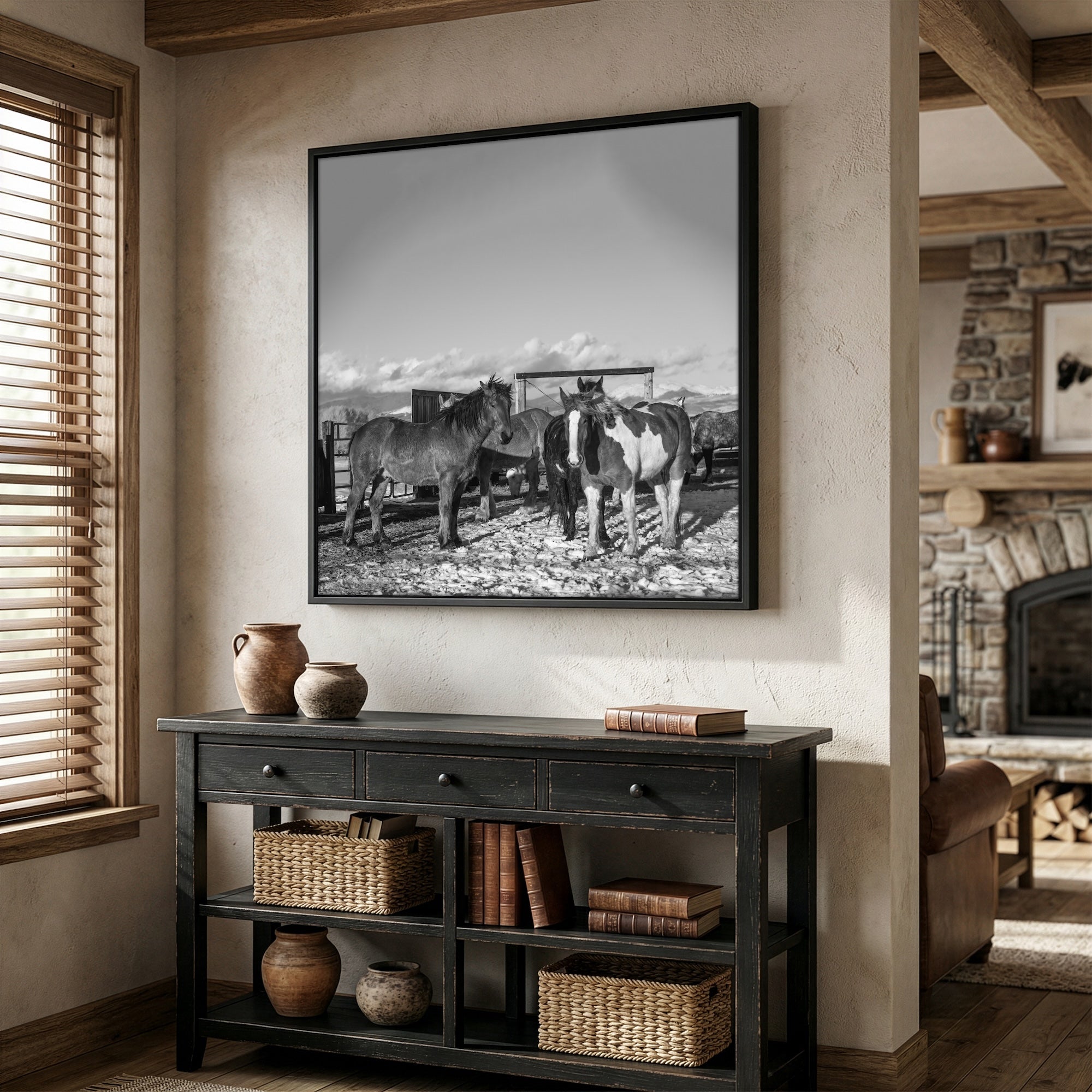 Winter Corral Horses: Western Black & White Photo (Art Print)