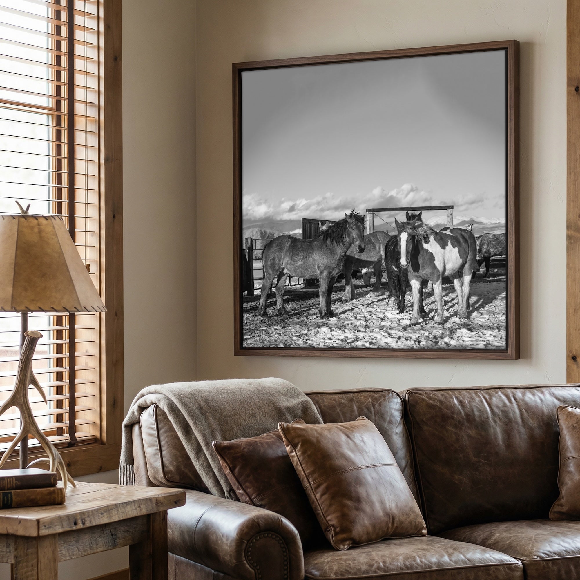 Winter Corral Horses: Western Black & White Photo (Art Print)