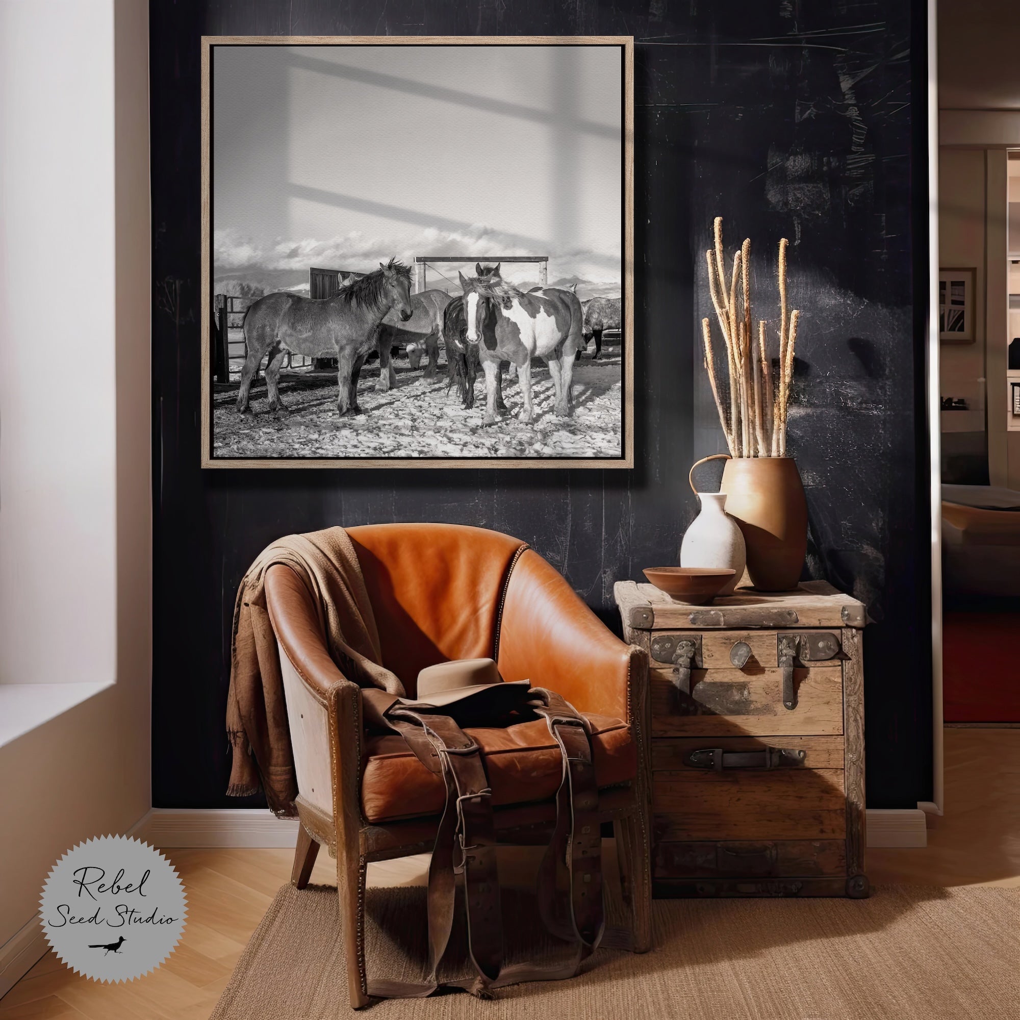 Winter Corral Horses: Western Black & White Photo (Art Print)