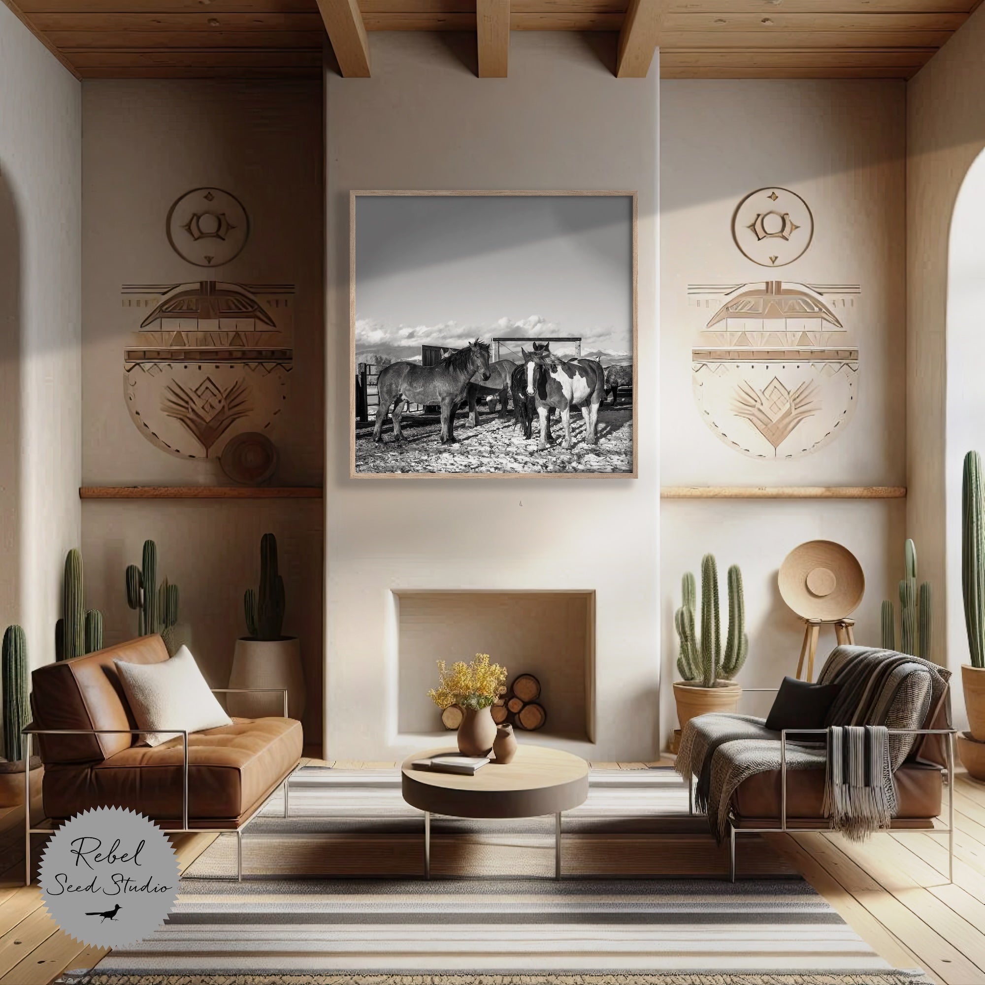 Winter Corral Horses: Western Black & White Photo (Art Print)