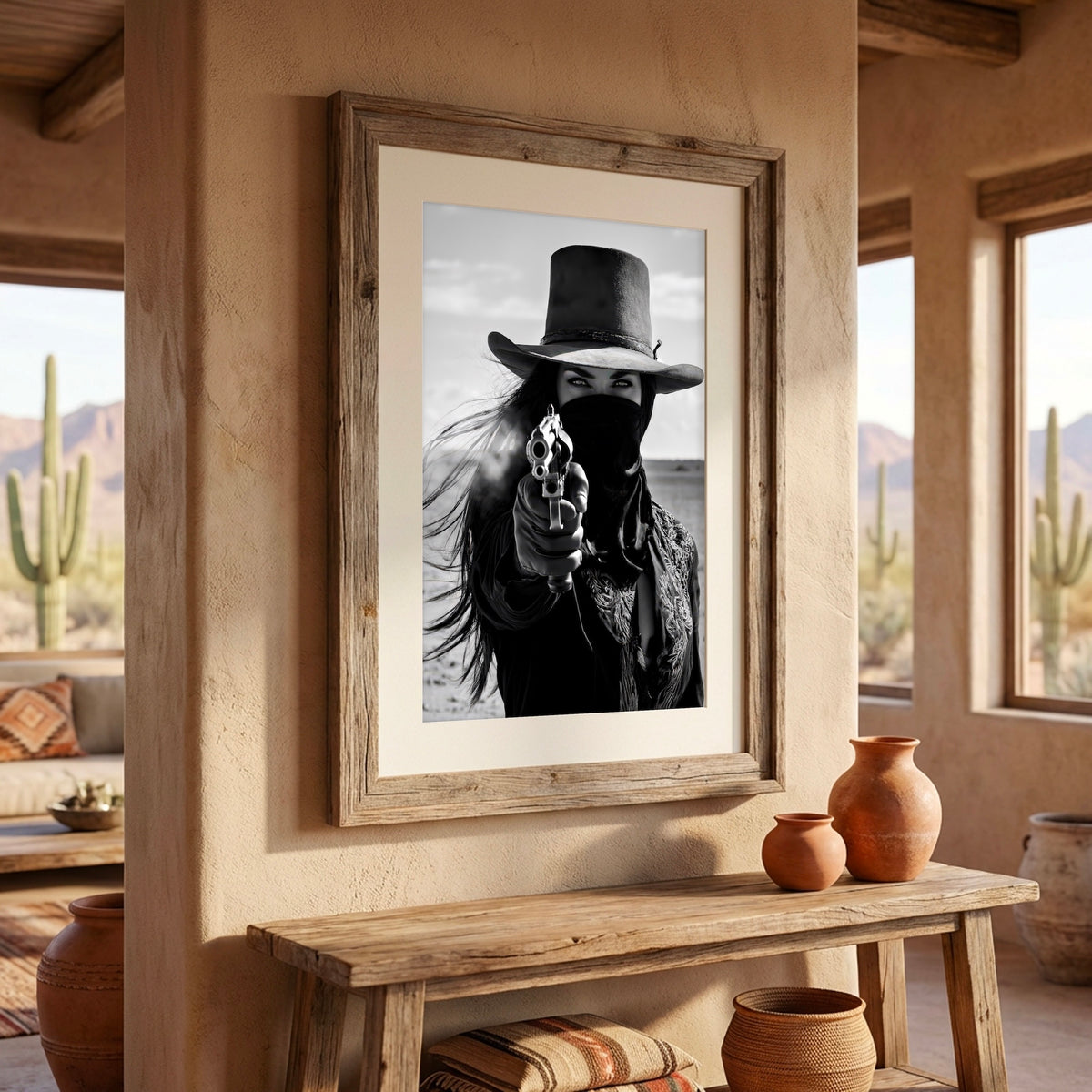 Six Shooter Cowgirl: Black & White Western Photo Art Print