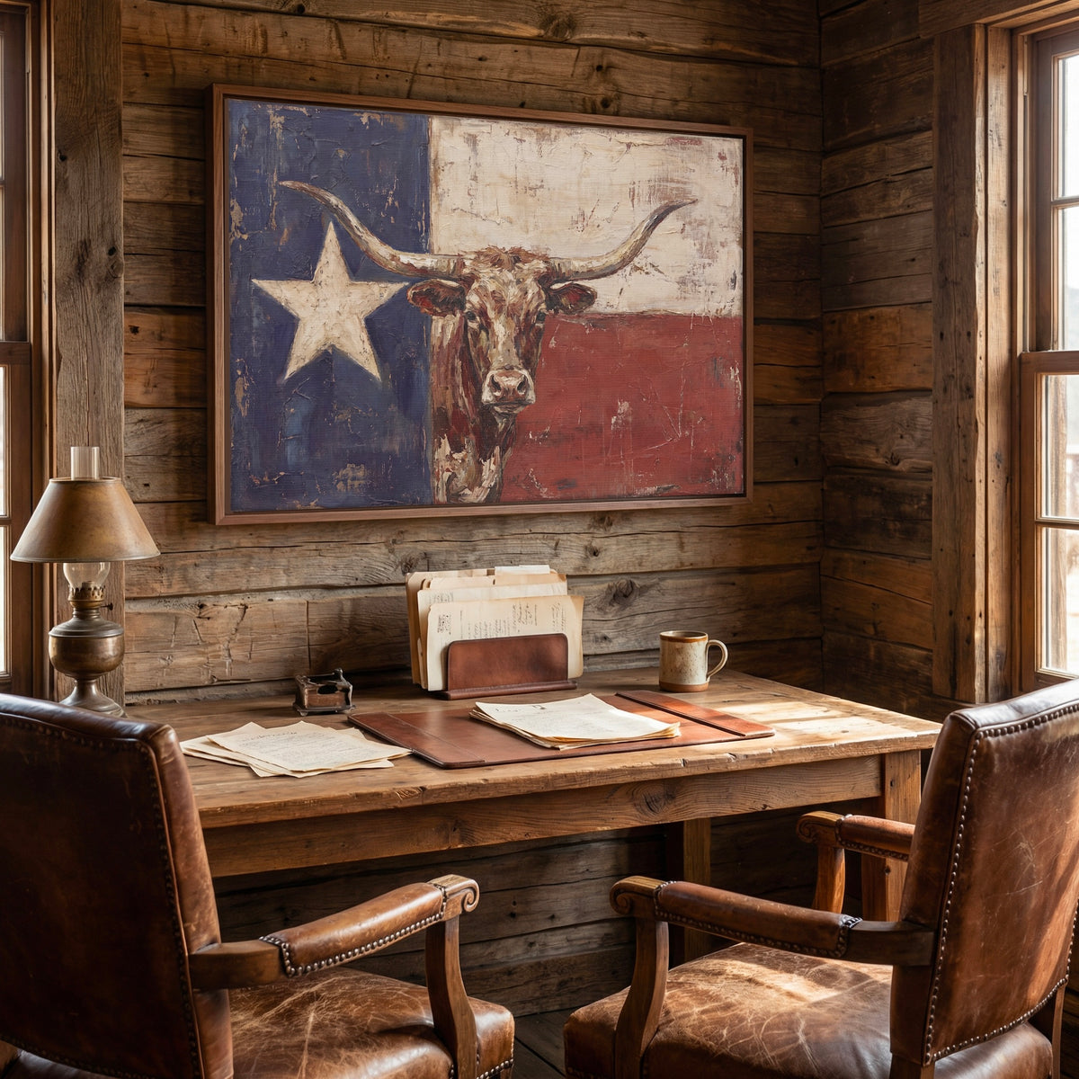 Rustic Texas Flag with Longhorn: Vintage Old West Lone Star State Art Print