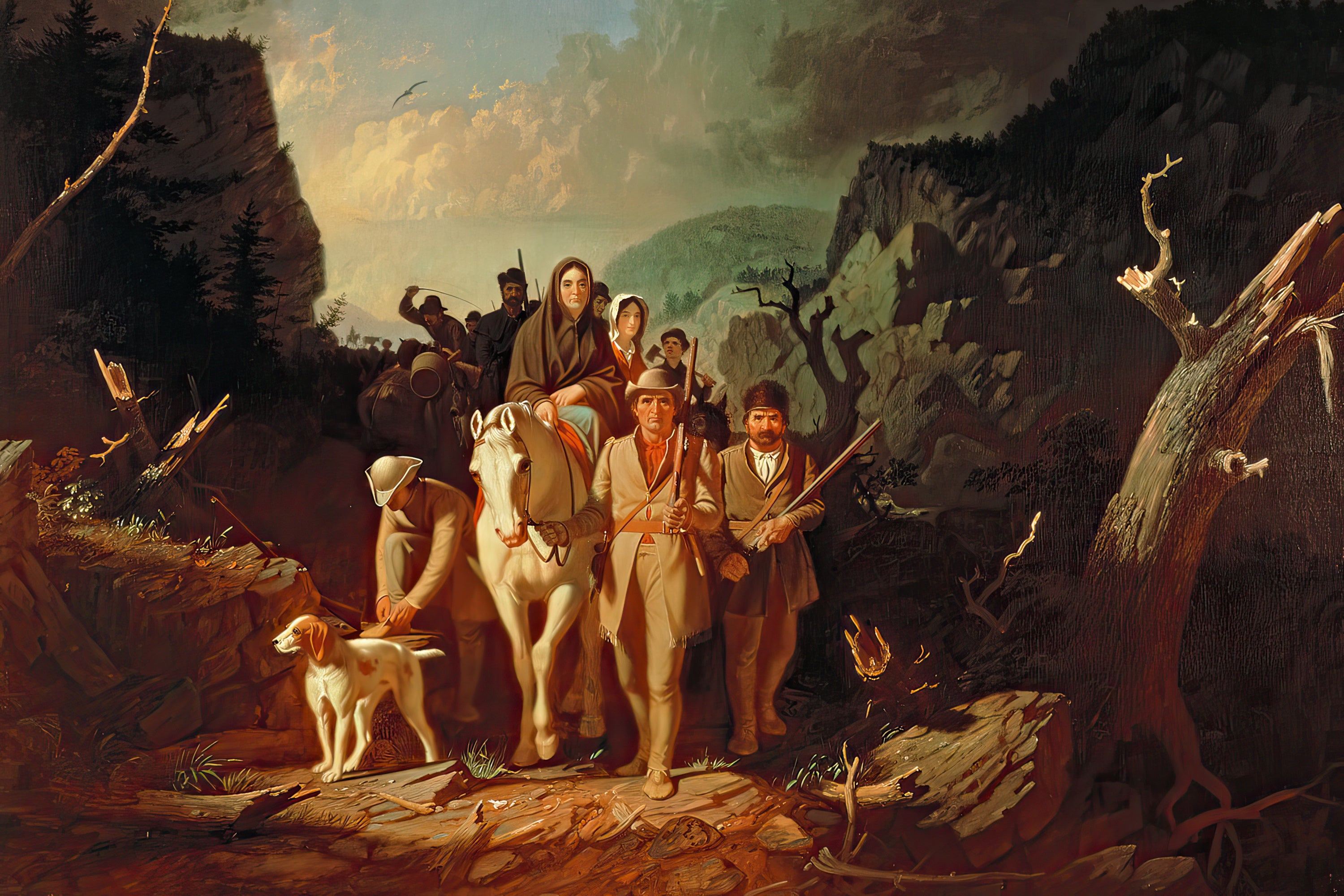 Daniel Boone & The Founding of Kentucky - Painting titled Daniel Boone escorting settlers through the Cumberland gap by George Caleb Bingham