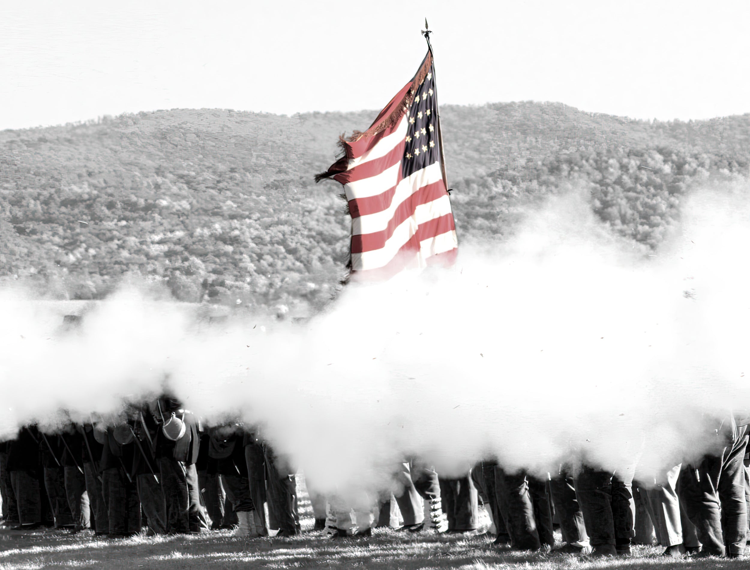 The Flag-Bearer at Antietam - Image of Soldiers Battle Line and American Flag