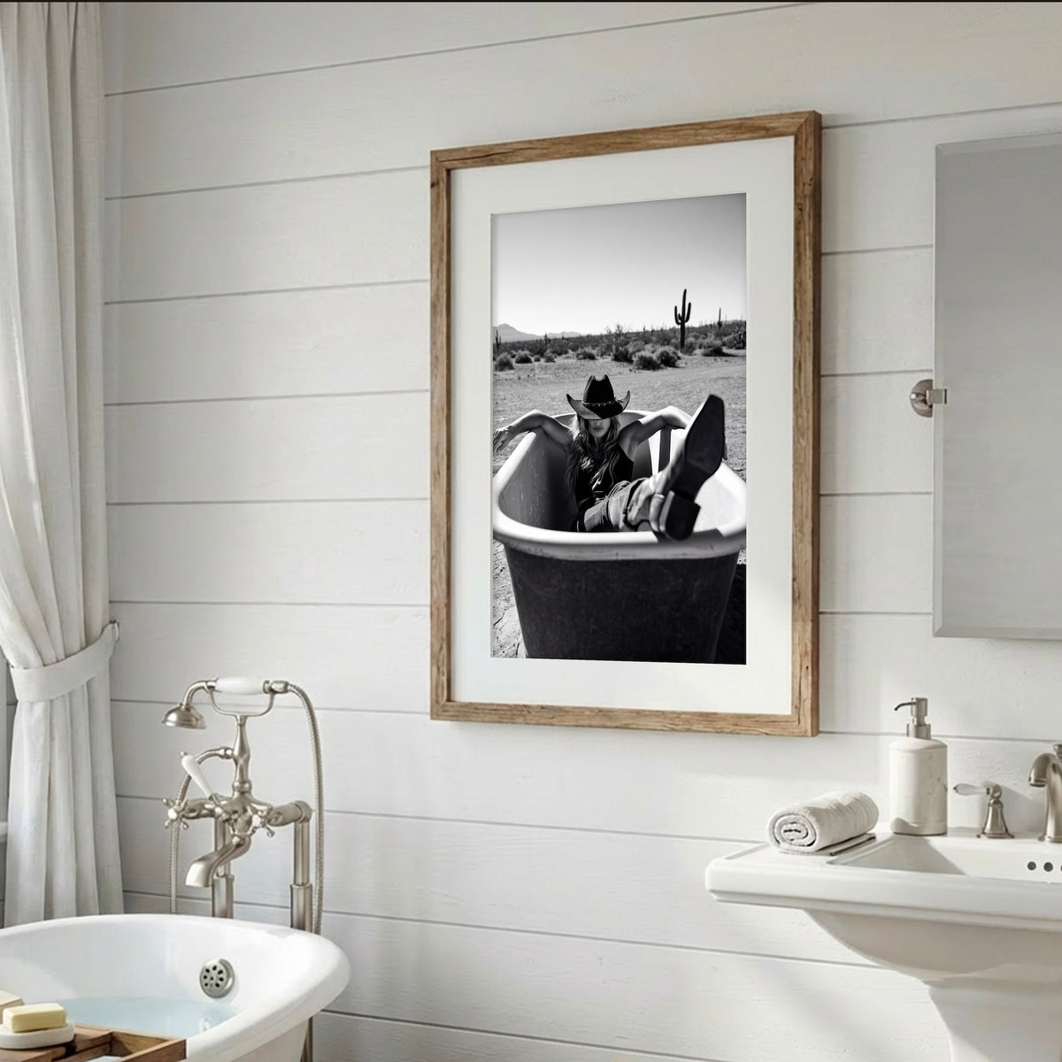 Bathtub Cowgirl: Western Desert Black & White Photo Art Print