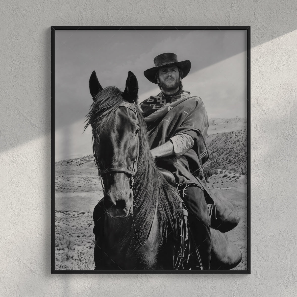 Clint Eastwood on Horseback in For A Few Dollars More Movie: Classic Spaghetti Western Film - Vintage Black & White Photo Art Print