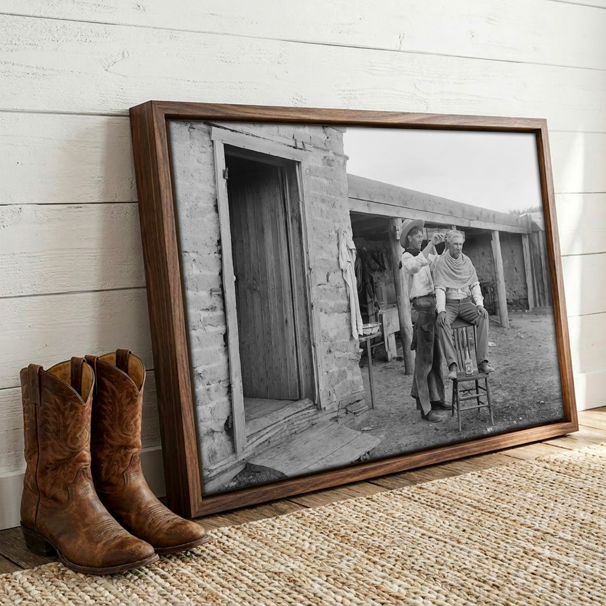 Cowboy Haircut: Funny Vintage Old West Black & White Photo Art Print
