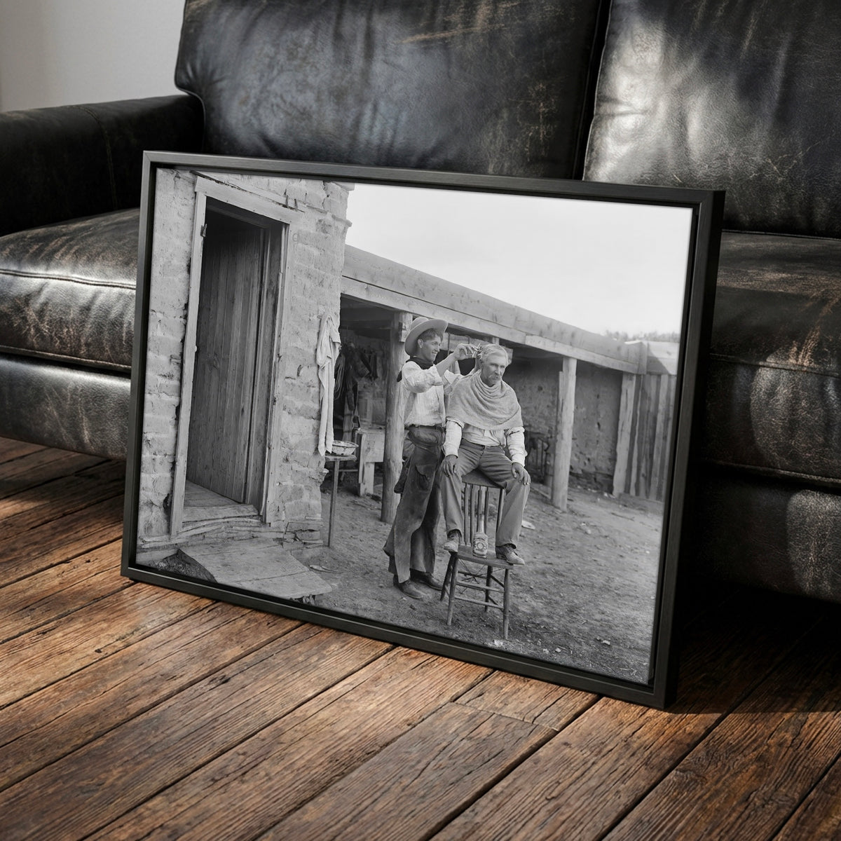 Cowboy Haircut: Funny Vintage Old West Black & White Photo Art Print