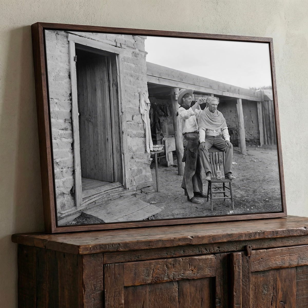 Cowboy Haircut: Funny Vintage Old West Black & White Photo Art Print