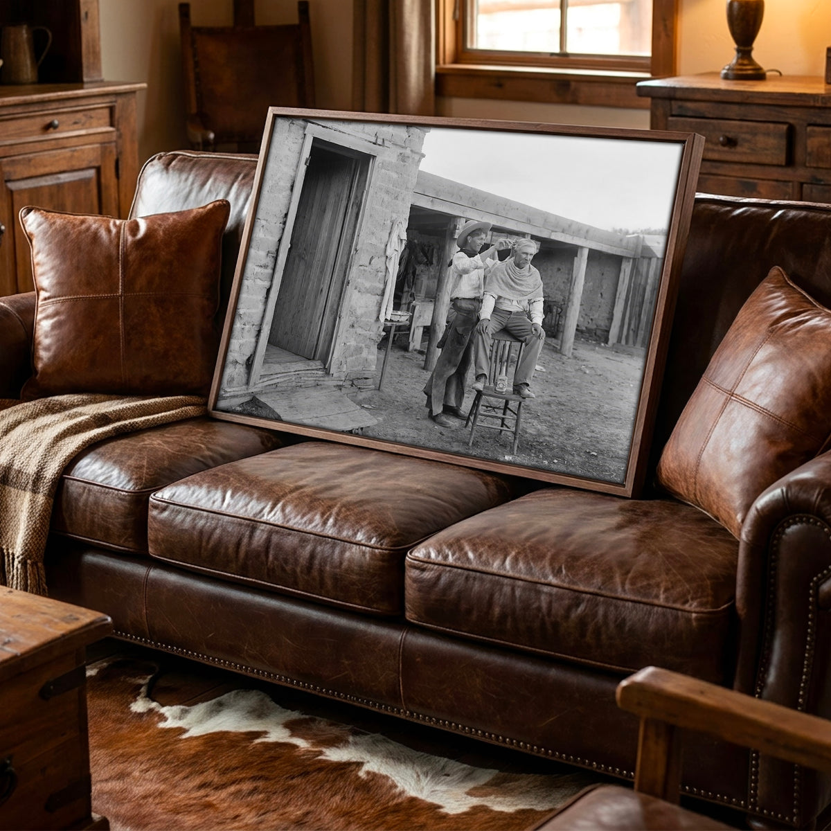Cowboy Haircut: Funny Vintage Old West Black & White Photo Art Print