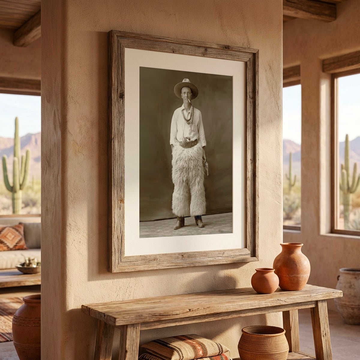 Texas Cowboy in Wool Chaps: Restored Old West Vintage Sepia Photo Art Print