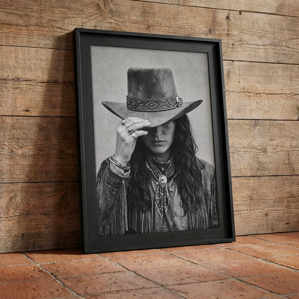 Cowgirl Tipping Her Hat: Maverick Western Woman - Moody Vintage Photo Art Print