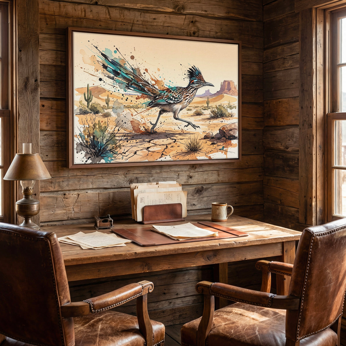 Roadrunner Ink Splash: Colorful Rustic Desert Drawing - Western Wildlife Art Print