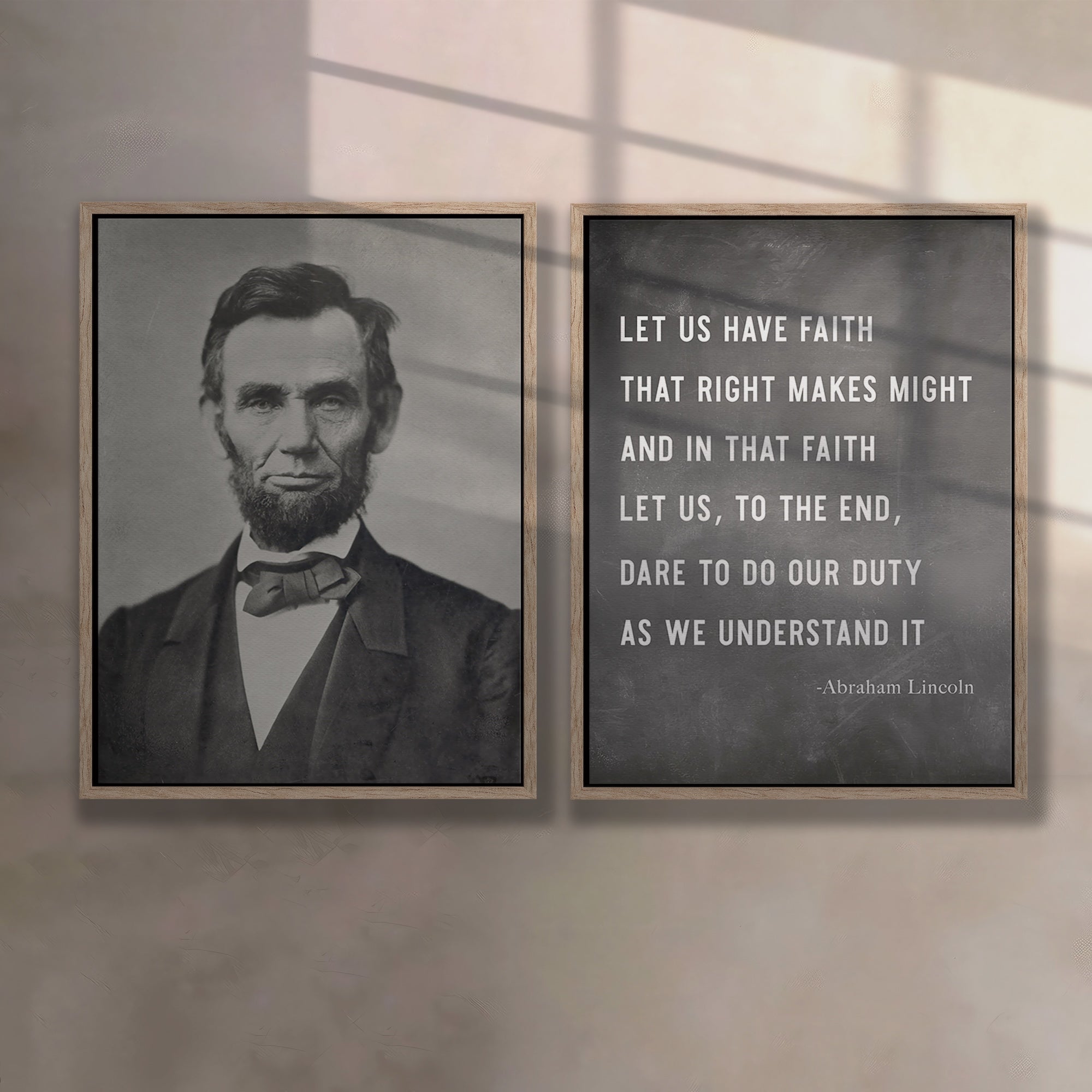 Abraham Lincoln: Restored Vintage Black & White Photograph and Right Makes Might Quote Bundle (Ready to Hang Canvas Wall Art Print Set)