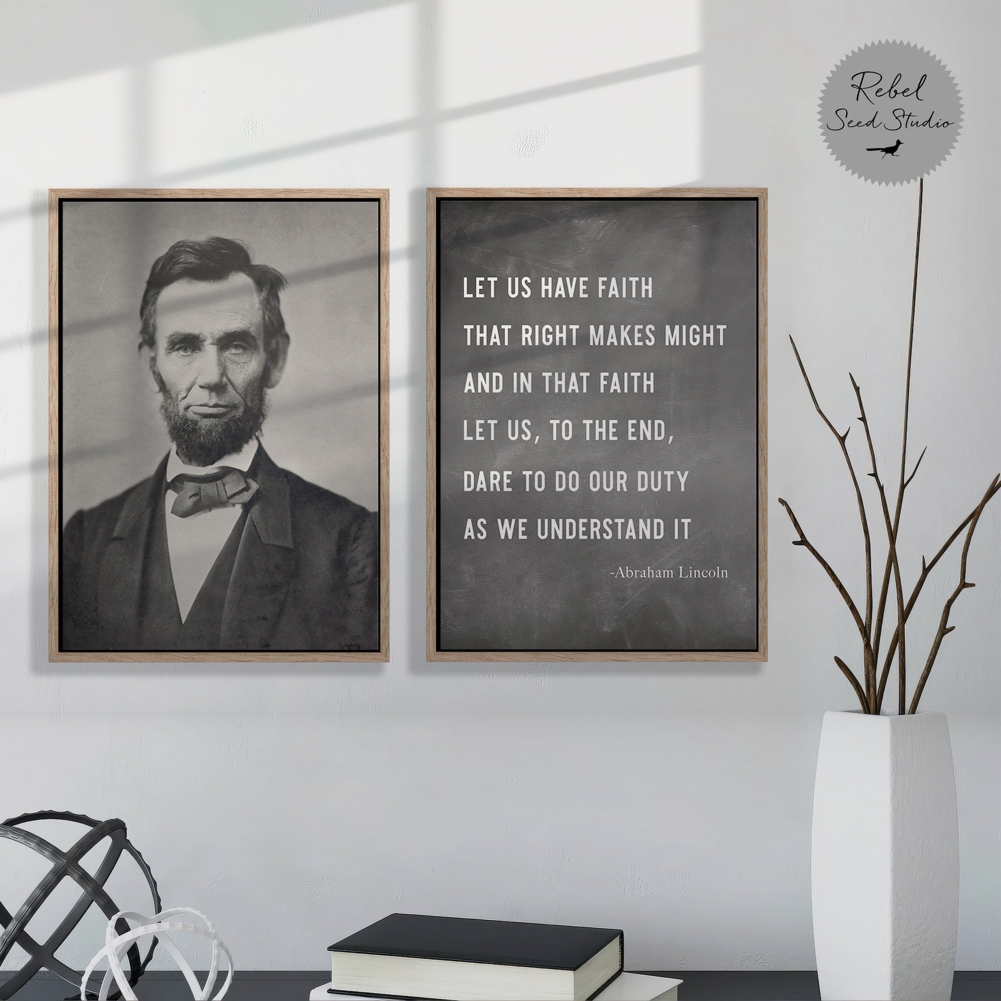 Abraham Lincoln: Restored Vintage Black & White Photograph and Right Makes Might Quote Bundle (Ready to Hang Canvas Wall Art Print Set)