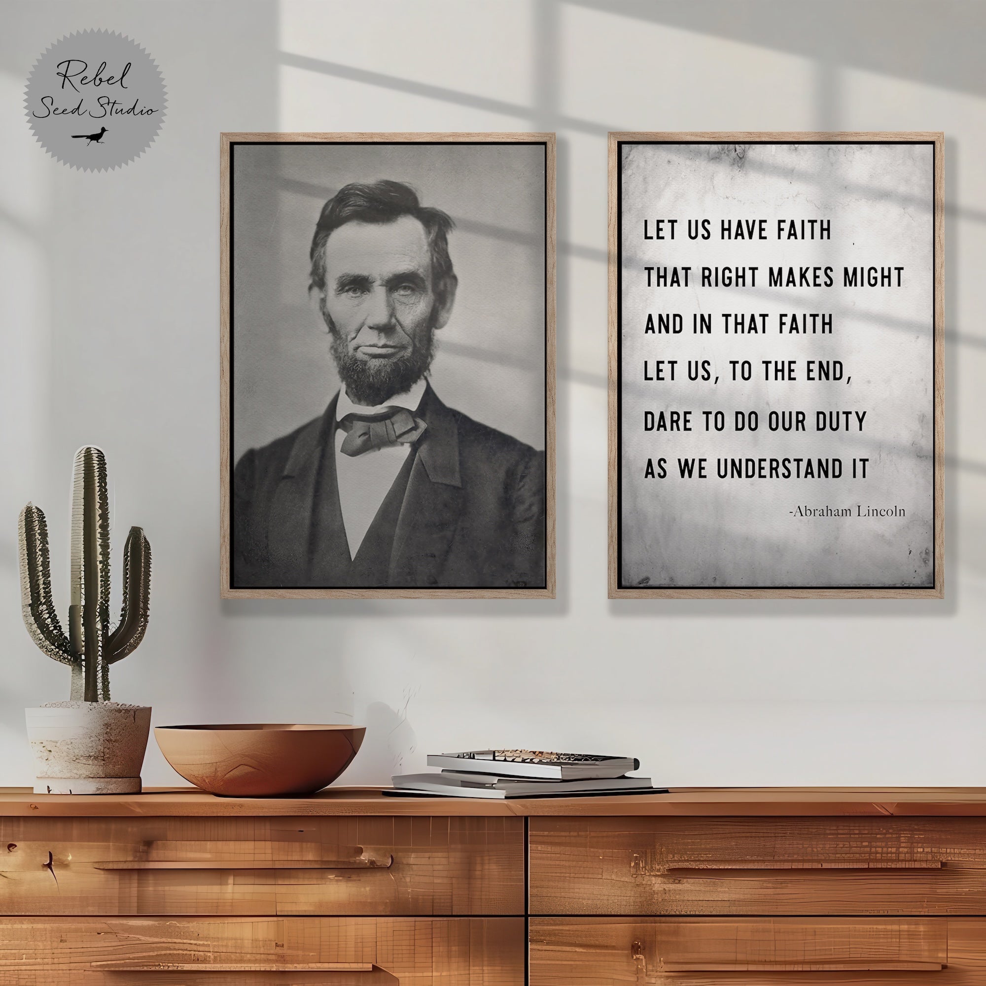Abraham Lincoln: Restored Vintage Black & White Photograph and Right Makes Might Quote Bundle (Ready to Hang Canvas Wall Art Print Set)