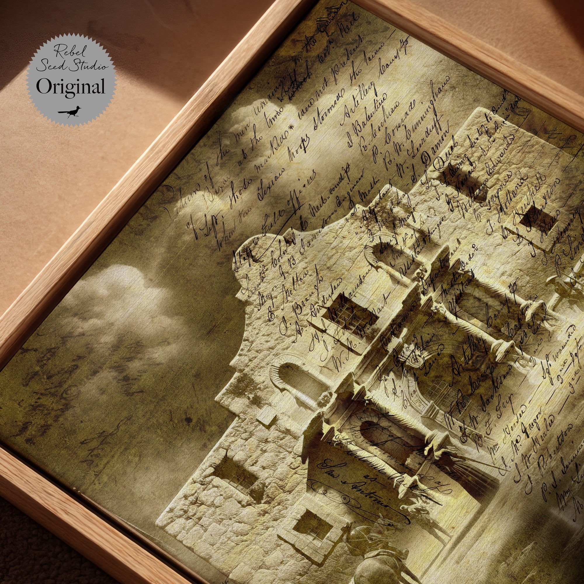 The Alamo with Muster Roll: Patriotic Texas Revolution Sepia Tone Wall Decor (Ready-to-Hang Canvas or Ready-to-Frame Fine Art Poster Print)