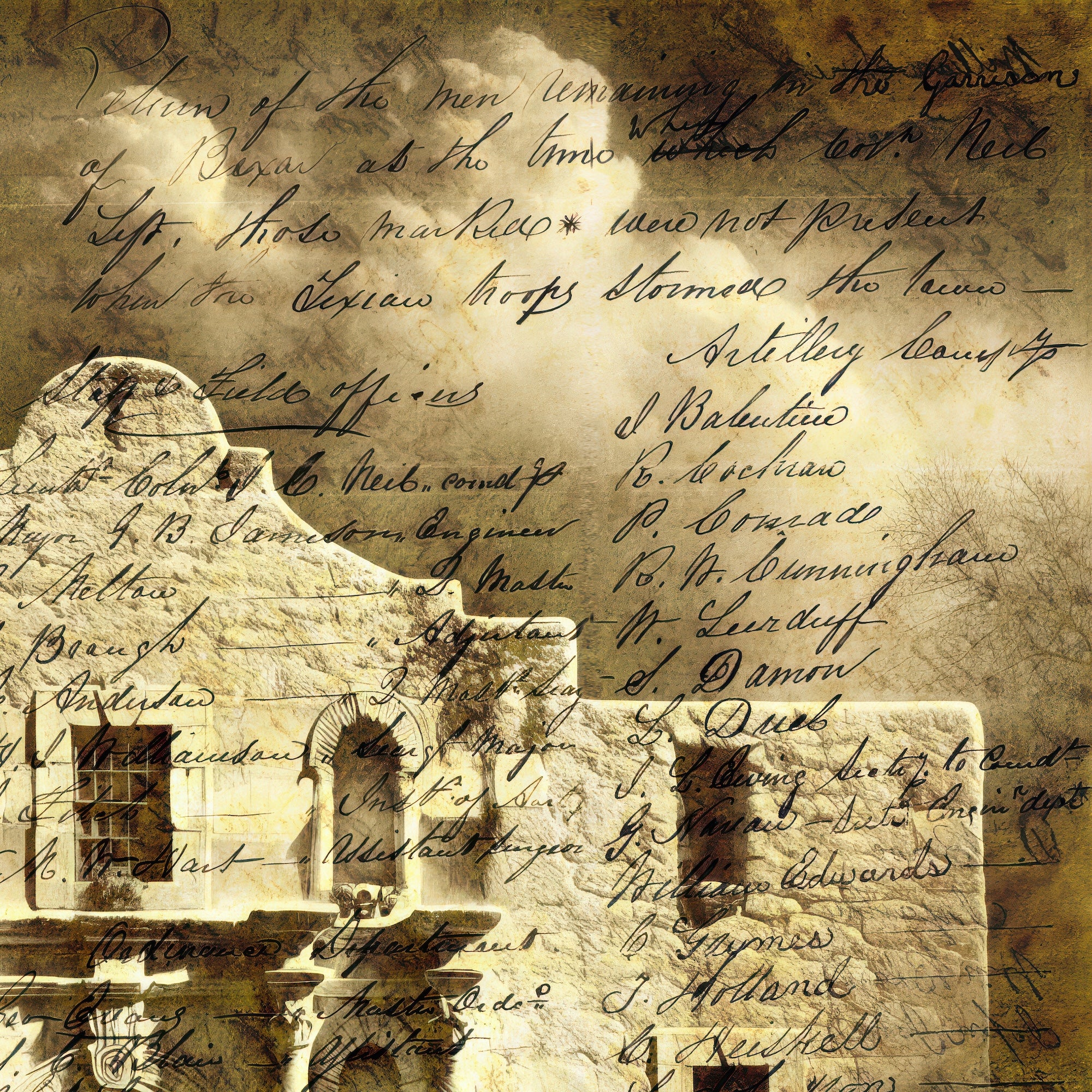 The Alamo with Muster Roll: Patriotic Texas Revolution Sepia Tone Wall Decor (Ready-to-Hang Canvas or Ready-to-Frame Fine Art Poster Print)