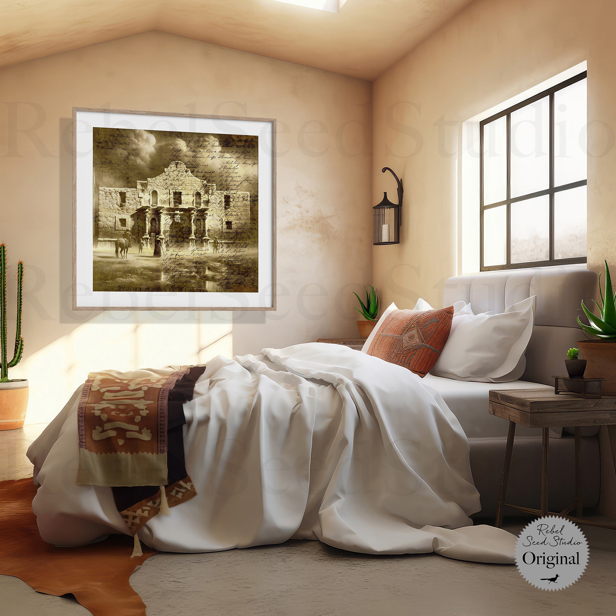 The Alamo with Muster Roll: Patriotic Texas Revolution Sepia Tone Wall Decor (Ready-to-Hang Canvas or Ready-to-Frame Fine Art Poster Print)