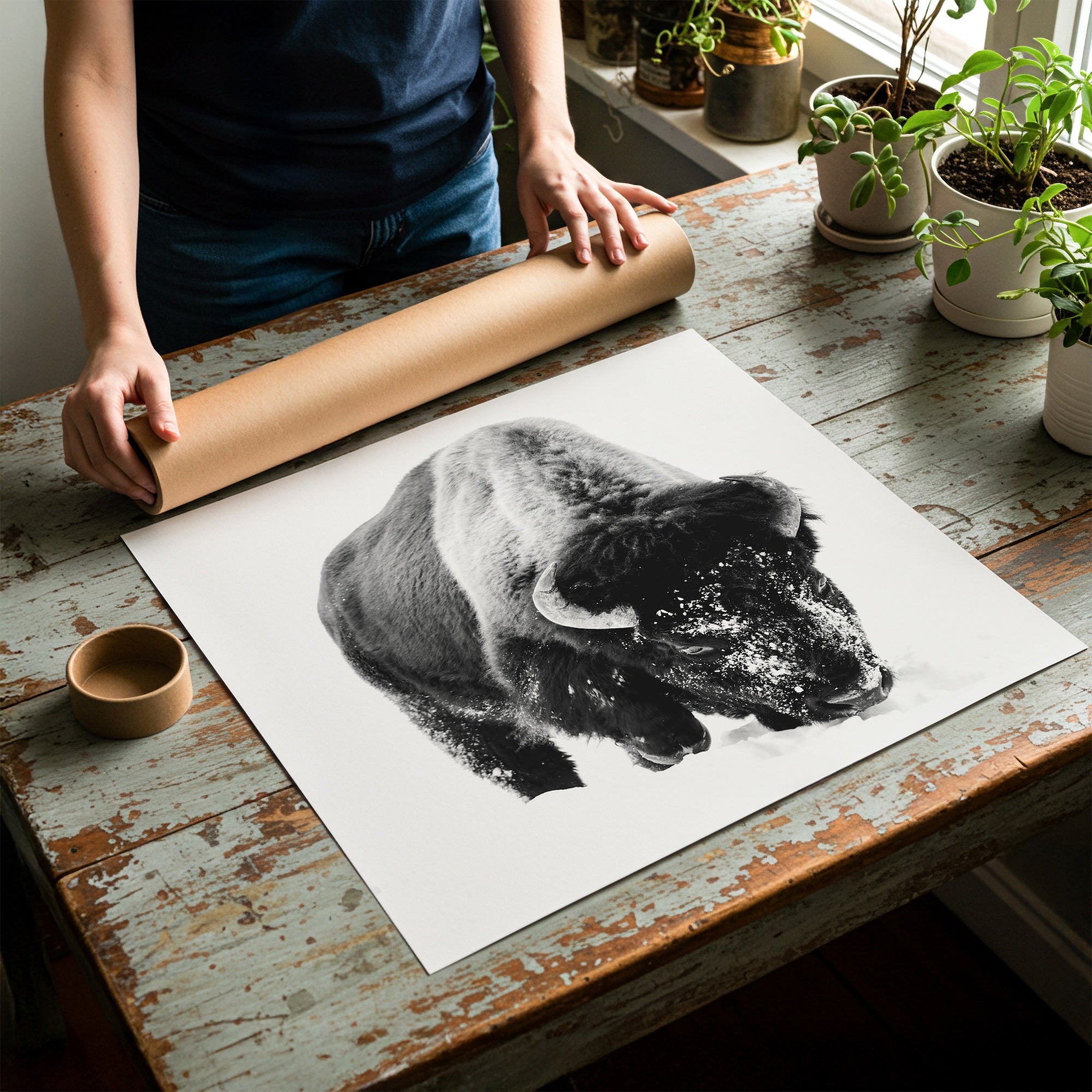 American Bison in the Winter Snow: Lone Buffalo - Black & White Photo Art Print