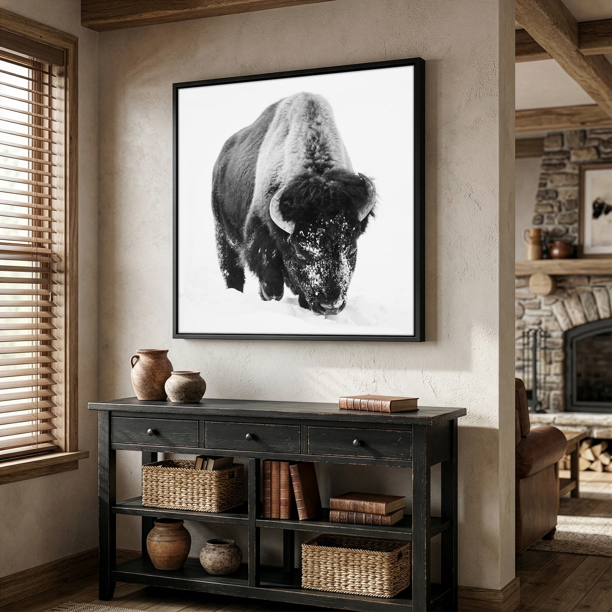 American Bison in the Winter Snow: Lone Buffalo - Black & White Photo Art Print