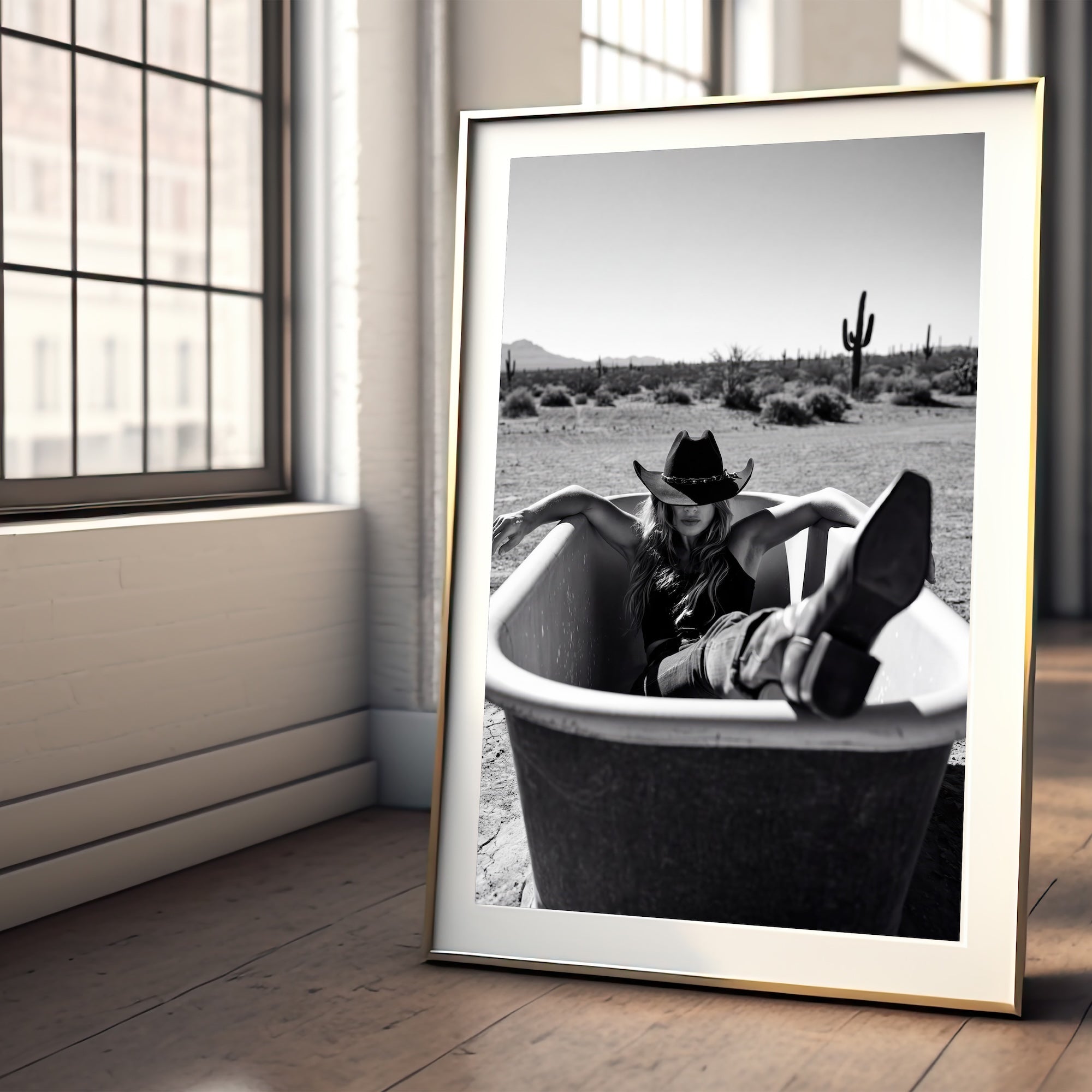 Bathtub Cowgirl: Western Desert Black & White Art Print