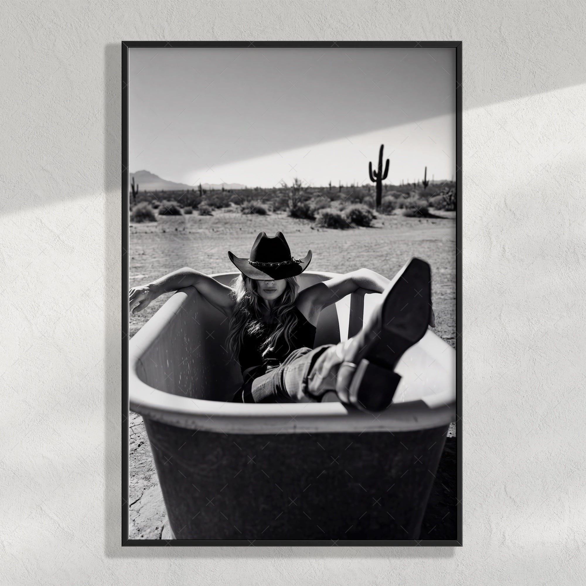 Bathtub Cowgirl: Western Desert Black & White Art Print