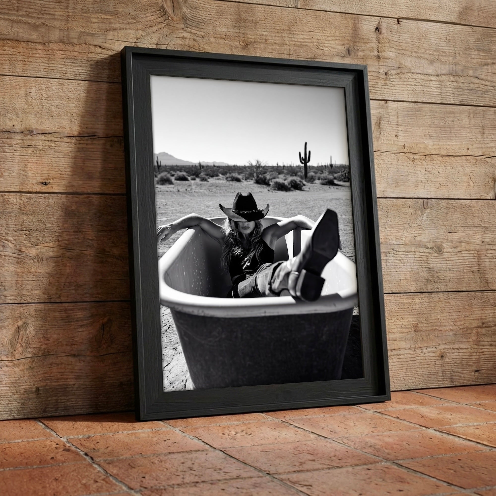 Bathtub Cowgirl: Western Desert Black & White Art Print