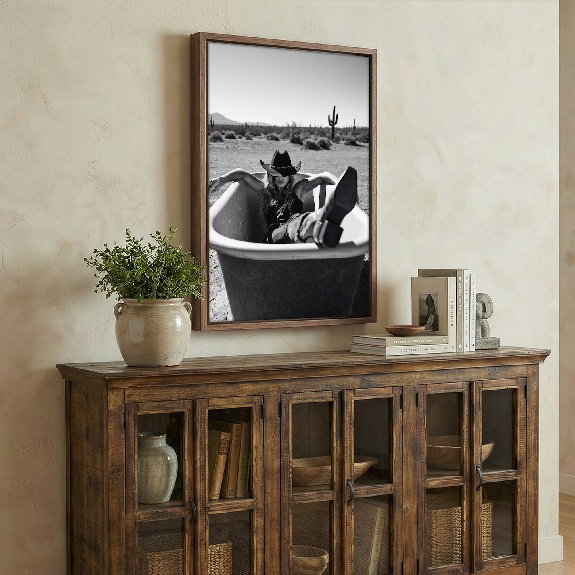 Bathtub Cowgirl: Western Desert Black & White Art Print