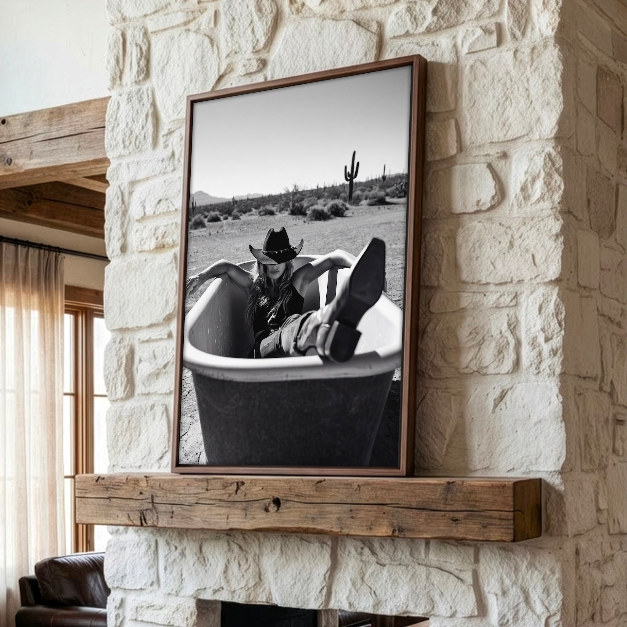 Bathtub Cowgirl: Western Desert Black & White Art Print