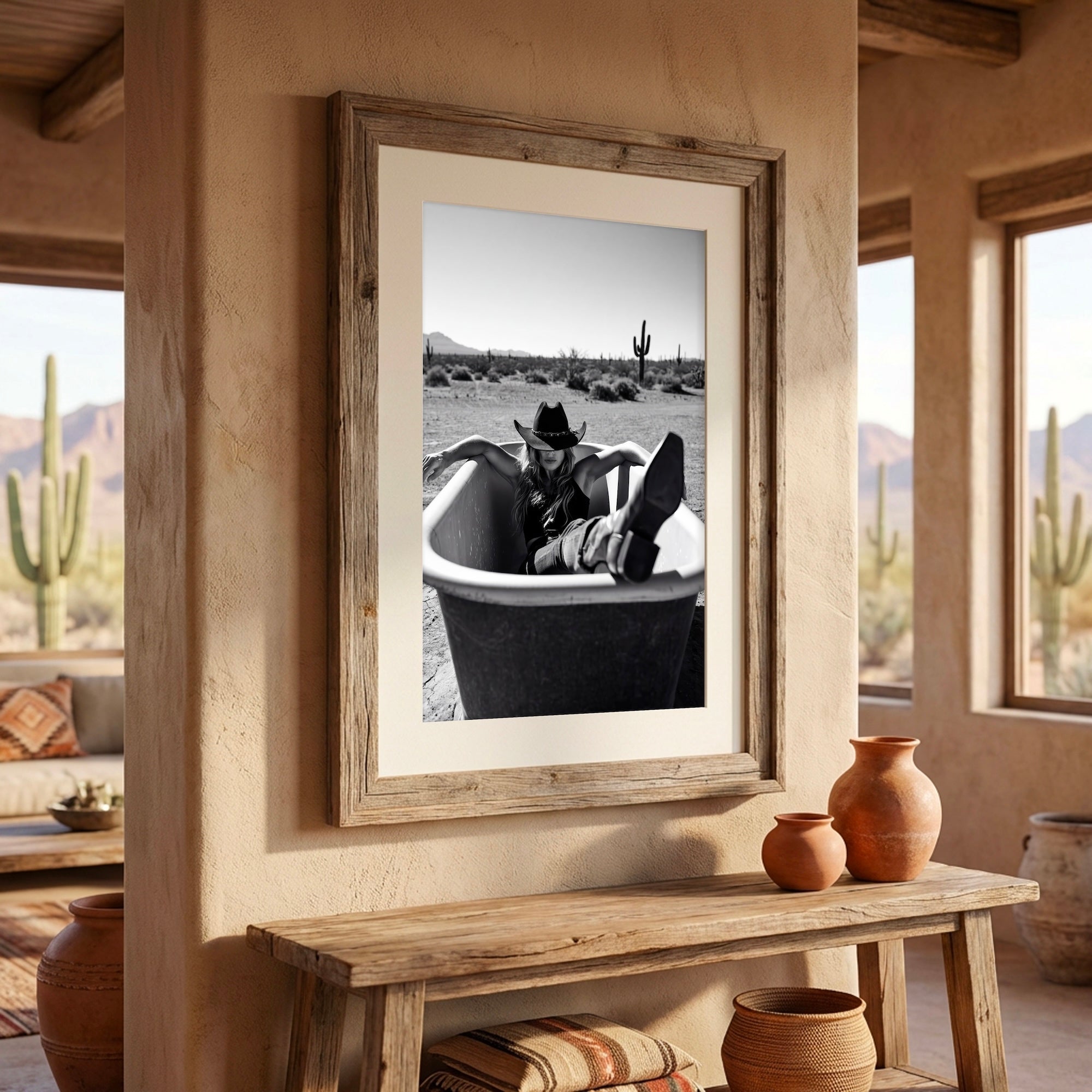 Bathtub Cowgirl: Western Desert Black & White Art Print