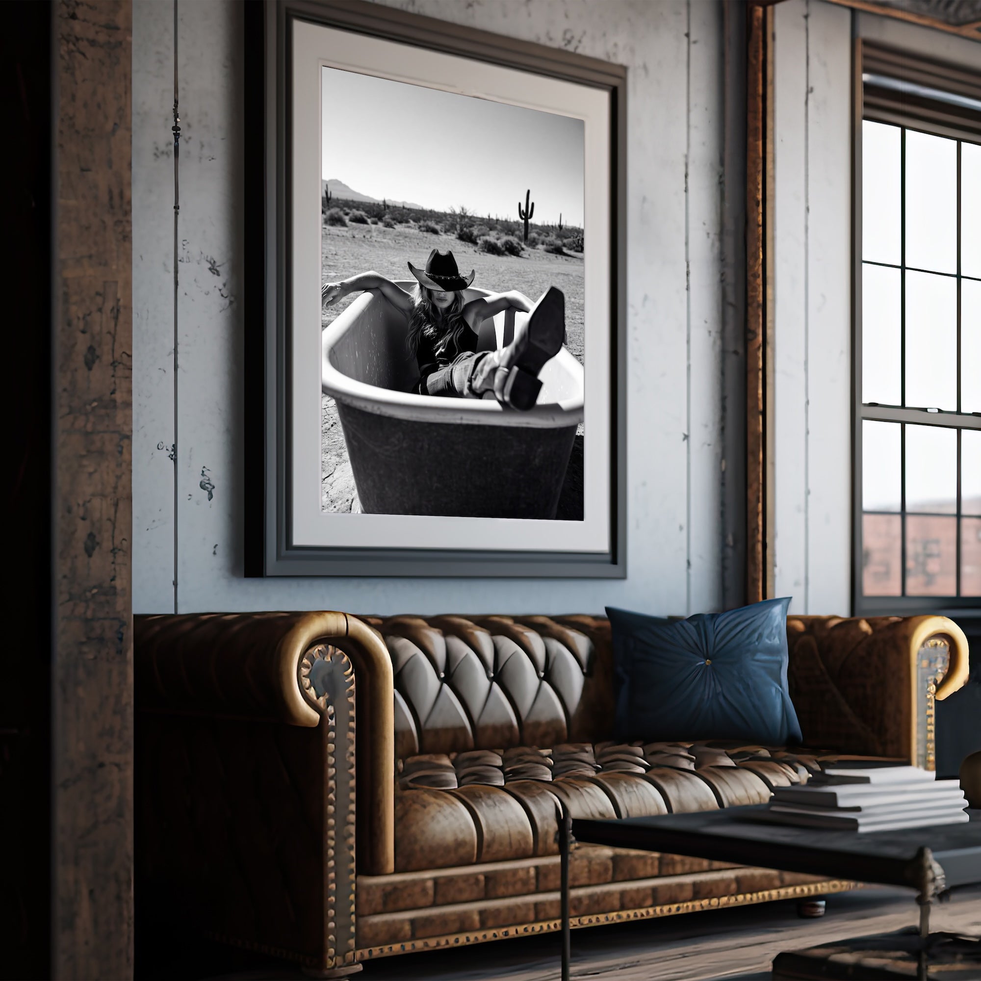 Bathtub Cowgirl: Western Desert Black & White Art Print
