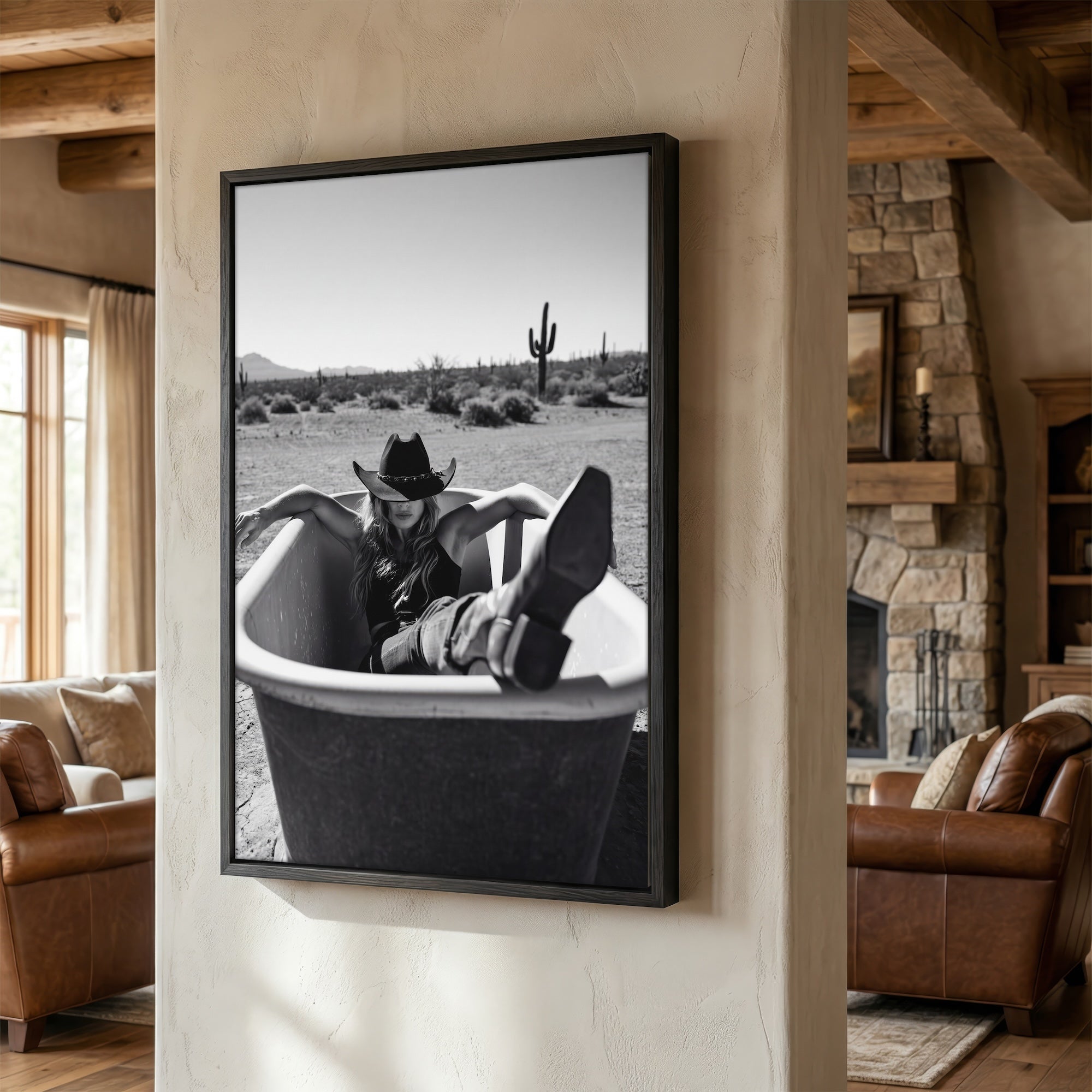 Bathtub Cowgirl: Western Desert Black & White Art Print