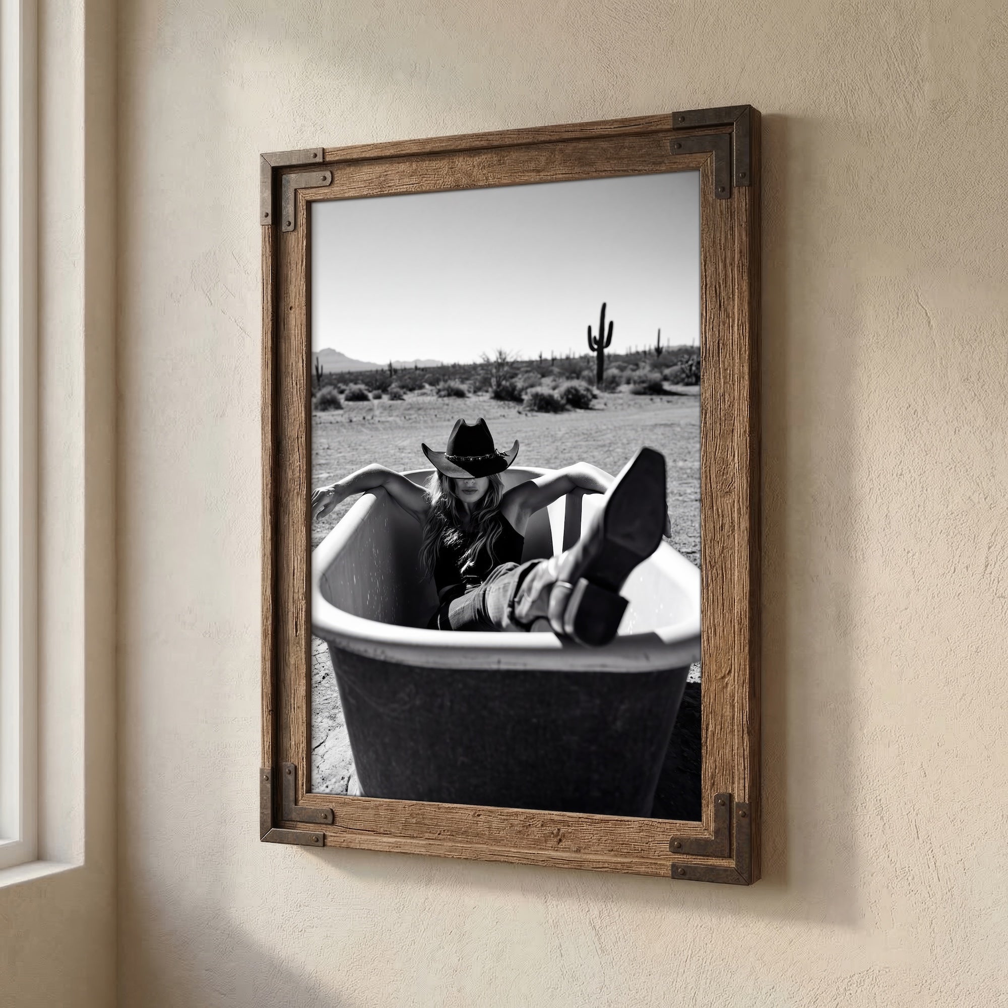 Bathtub Cowgirl: Western Desert Black & White Art Print