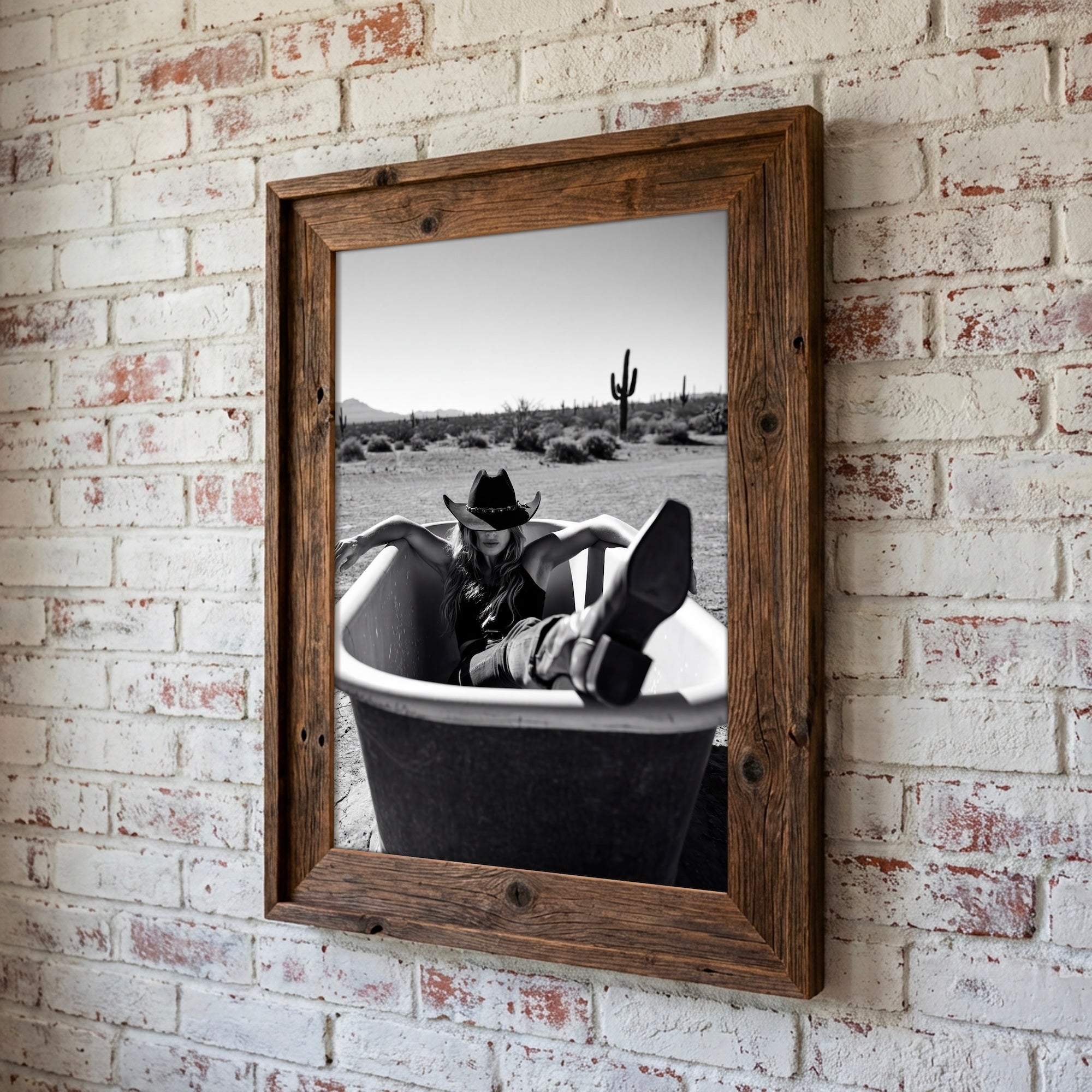 Bathtub Cowgirl: Western Desert Black & White Art Print