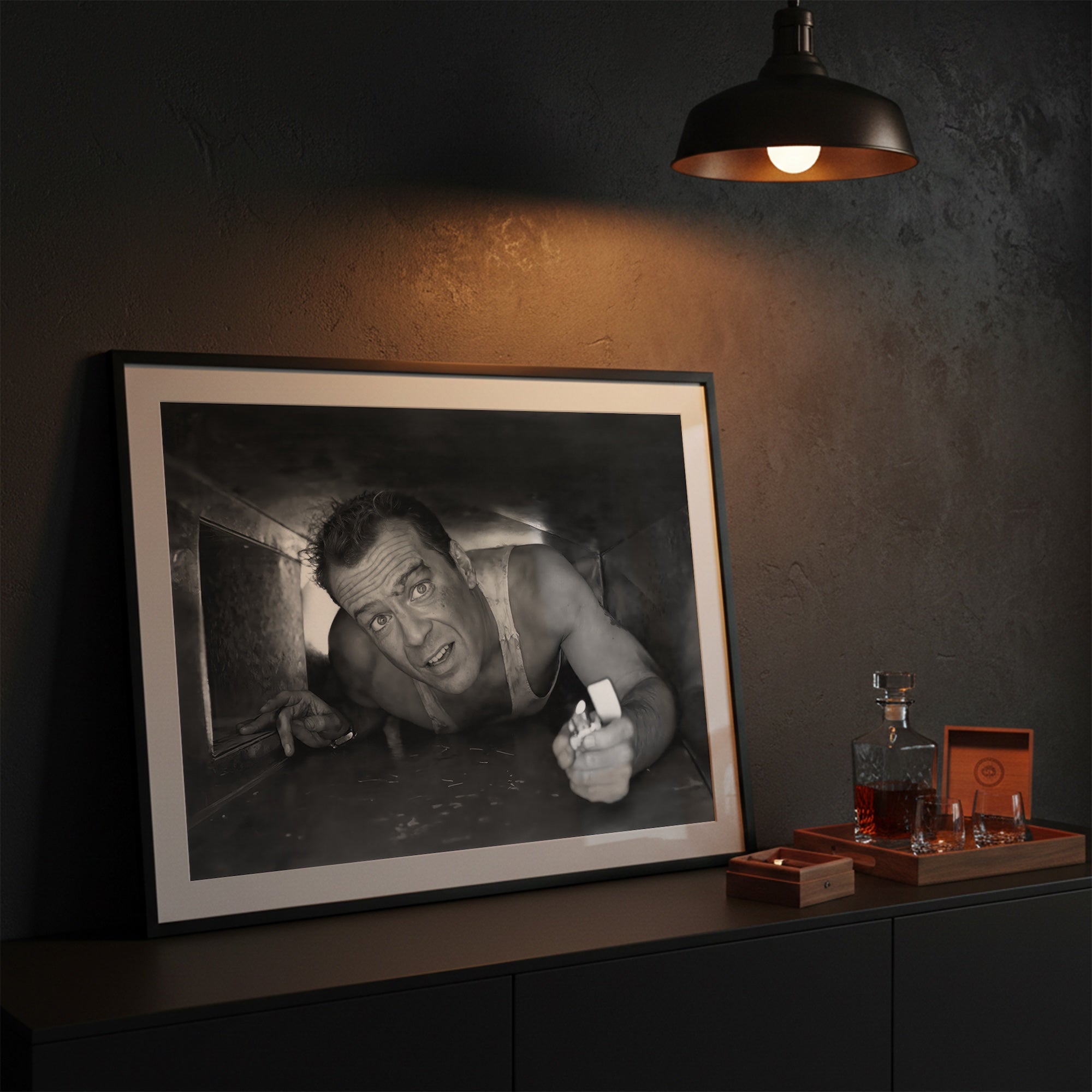 Bruce Willis in Die Hard: Iconic Movie Scene - Black & White Photo Art Print