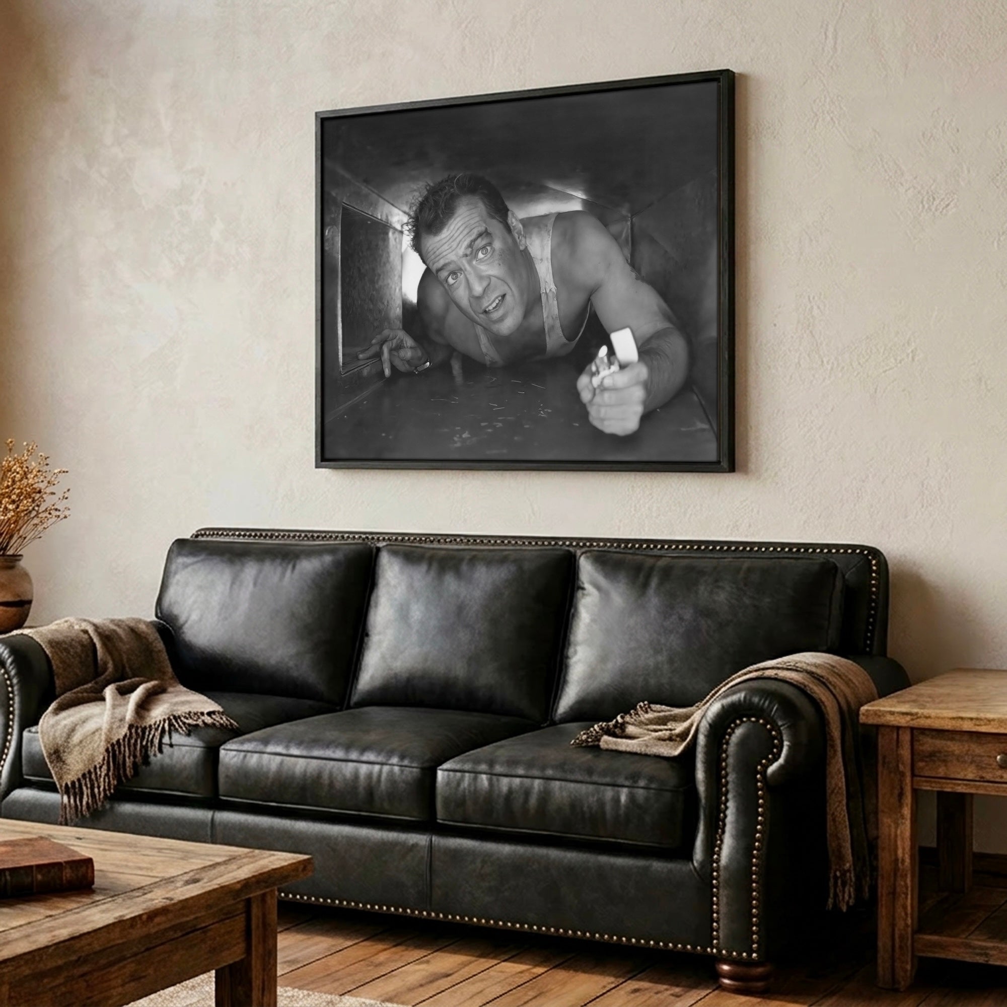 Bruce Willis in Die Hard: Iconic Movie Scene - Black & White Photo Art Print