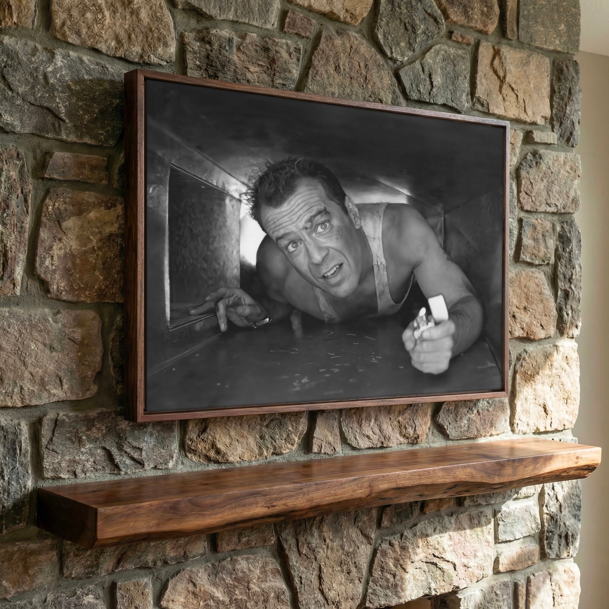 Bruce Willis in Die Hard: Iconic Movie Scene - Black & White Photo Art Print