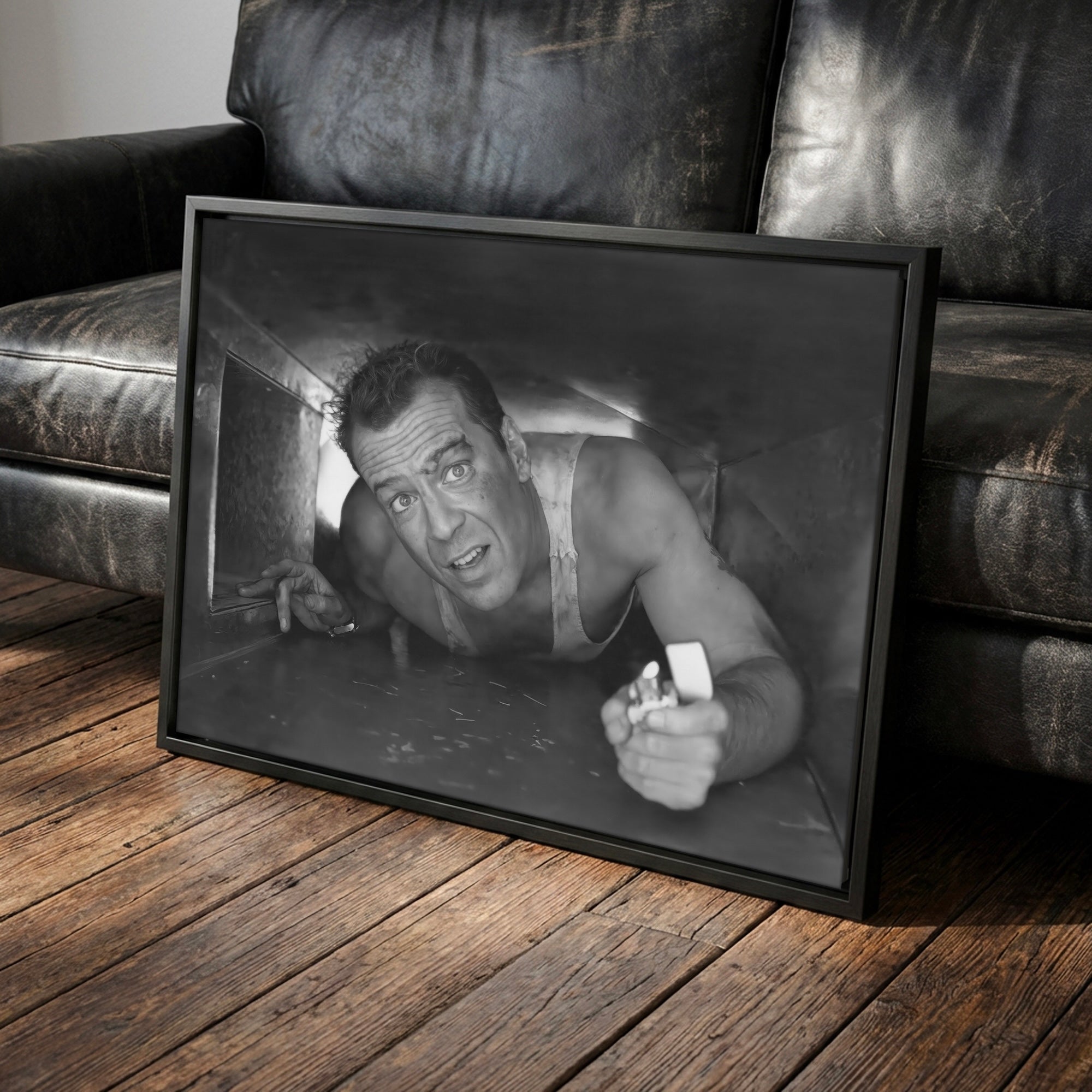 Bruce Willis in Die Hard: Iconic Movie Scene - Black & White Photo Art Print