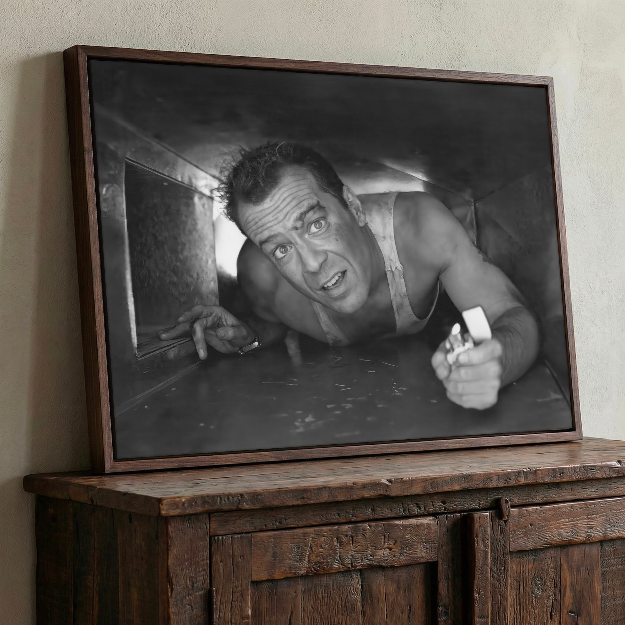 Bruce Willis in Die Hard: Iconic Movie Scene - Black & White Photo Art Print