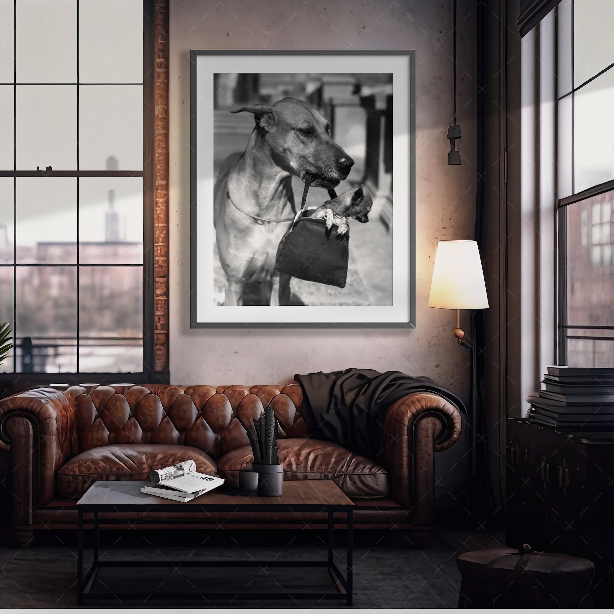 Great Dane and a Tiny Chihuahua Dog in a Purse - Funny Vintage Black & White Photograph (Art Print)