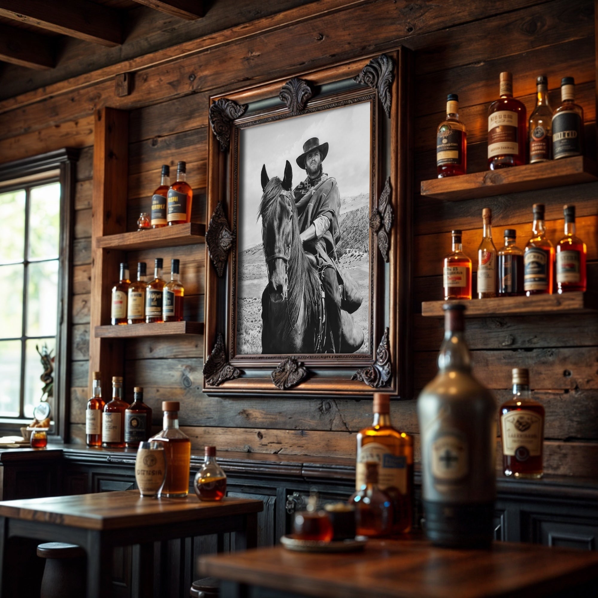 Clint Eastwood on Horseback in For A Few Dollars More Movie: Classic Spaghetti Western Film - Vintage Black & White Photo Art Print