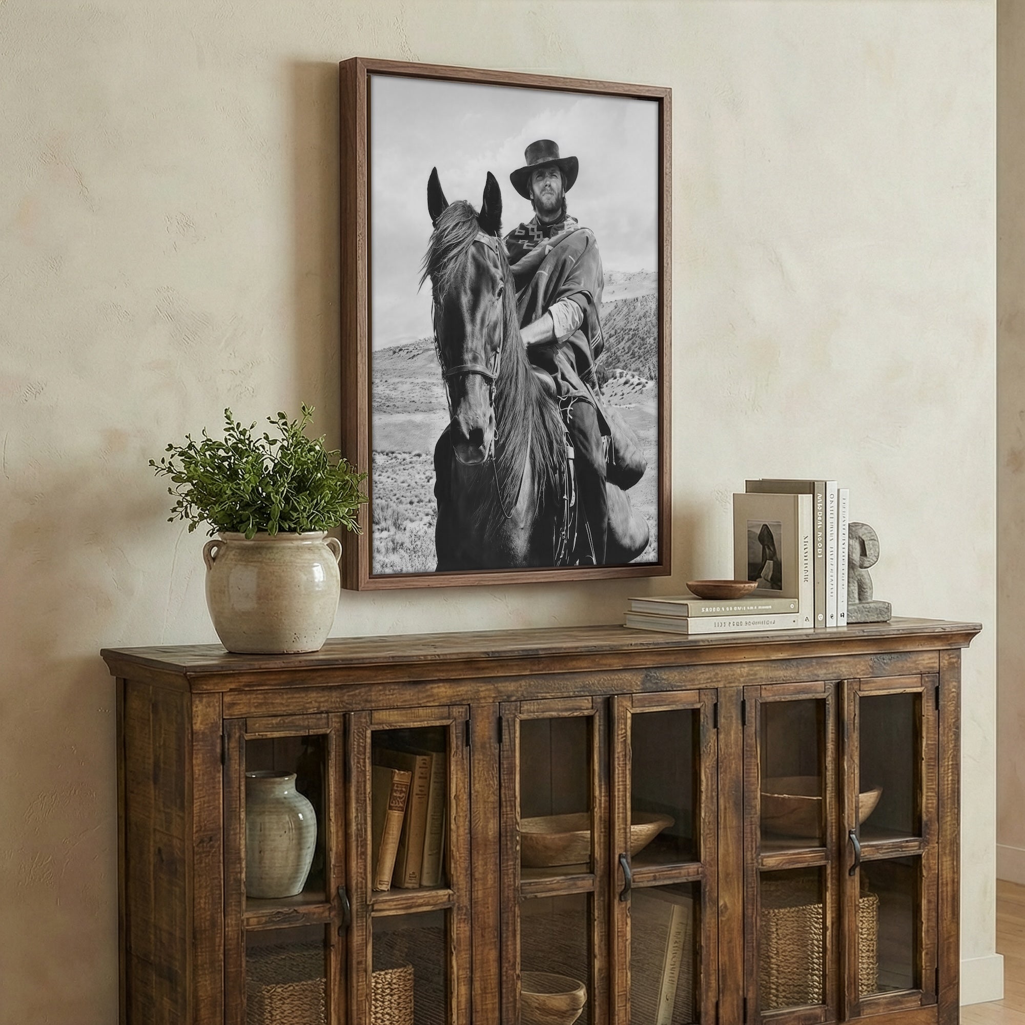 Clint Eastwood on Horseback in For A Few Dollars More Movie: Classic Spaghetti Western Film - Vintage Black & White Photo Art Print