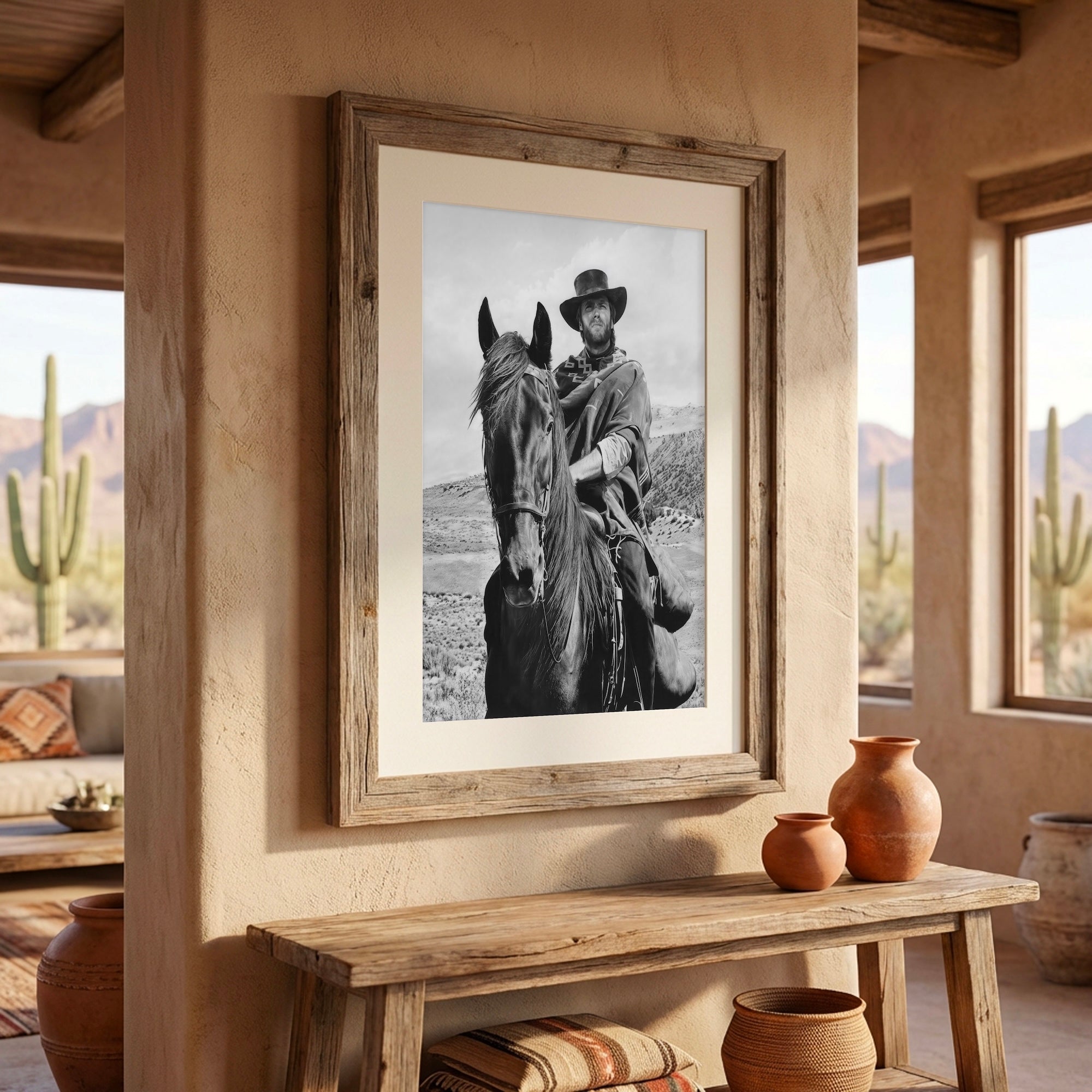 Clint Eastwood on Horseback in For A Few Dollars More Movie: Classic Spaghetti Western Film - Vintage Black & White Photo Art Print