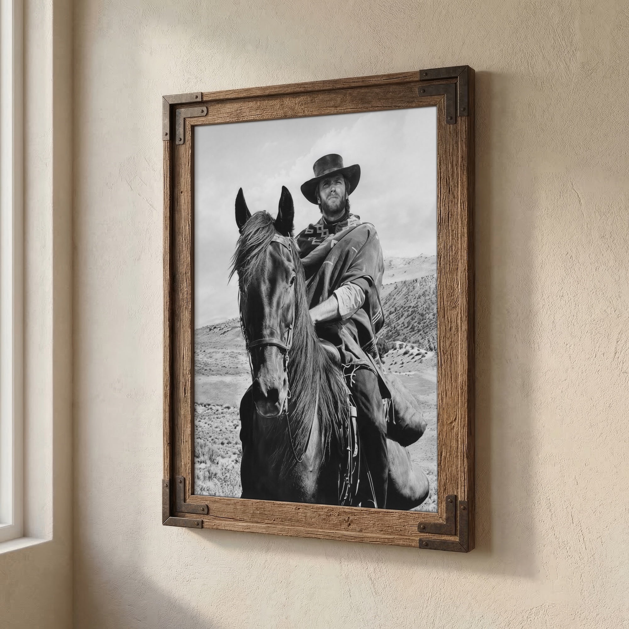 Clint Eastwood on Horseback in For A Few Dollars More Movie: Classic Spaghetti Western Film - Vintage Black & White Photo Art Print
