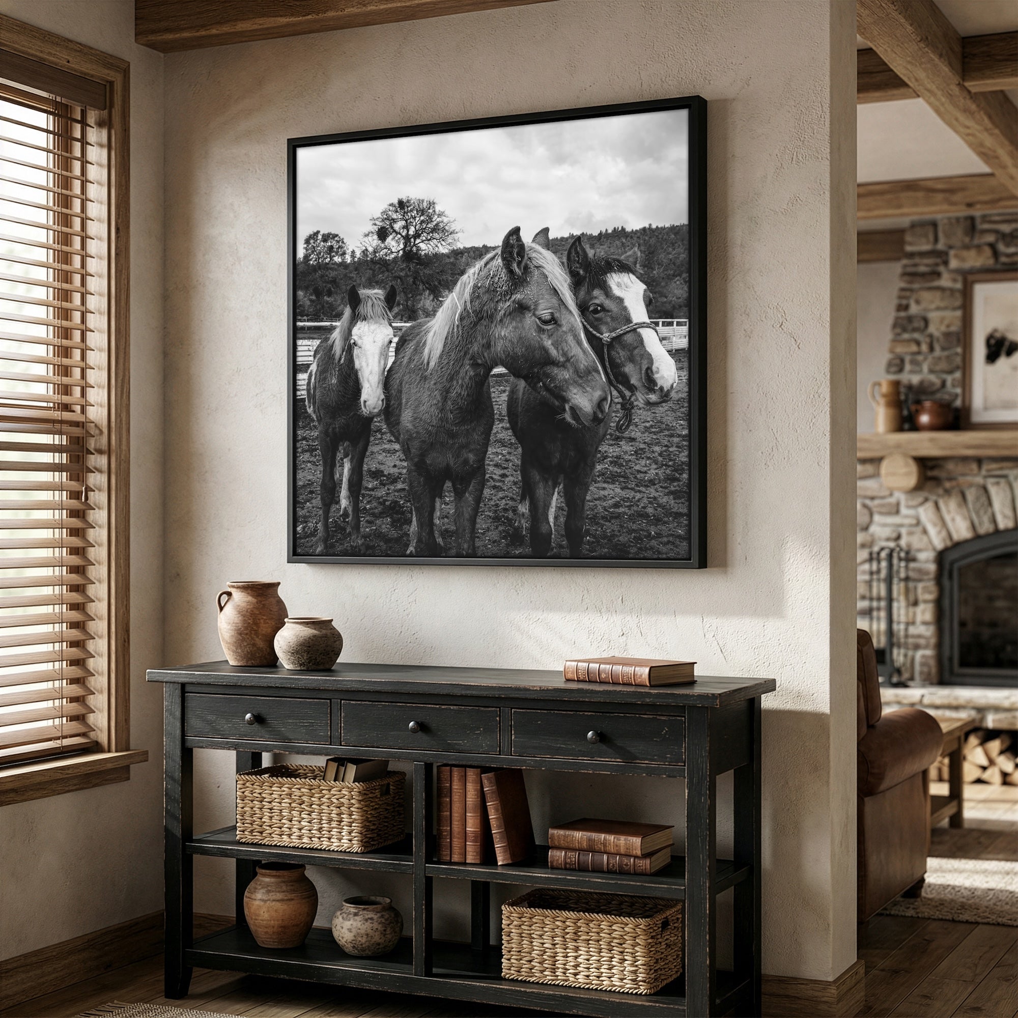 Corral Horses: Western Black & White Photograph (Art Print)