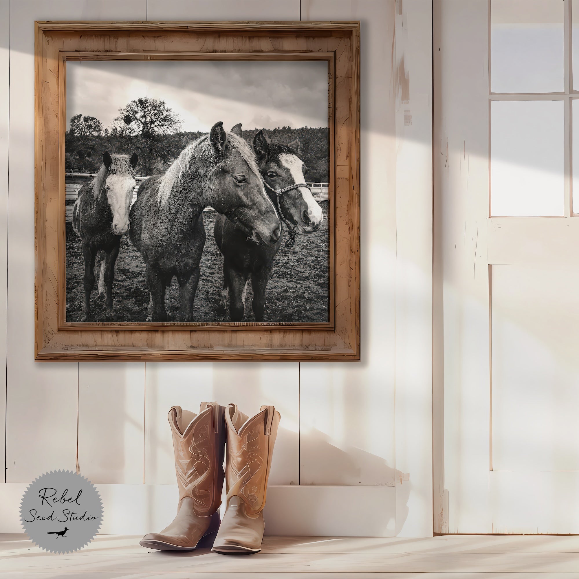 Corral Horses: Western Black & White Photograph (Art Print)